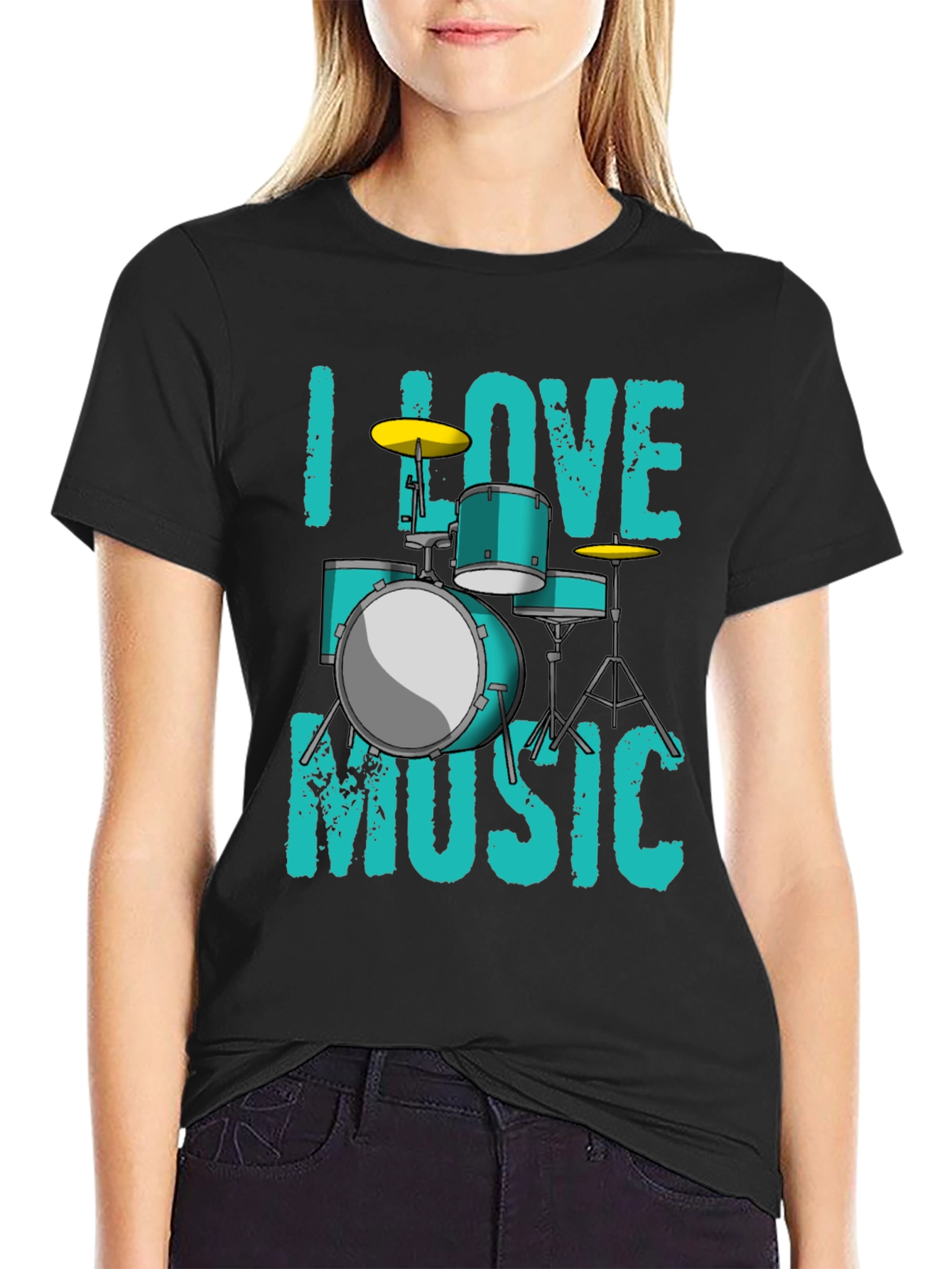 Black I Love Music Drum Set Graphic T-Shirt view 2