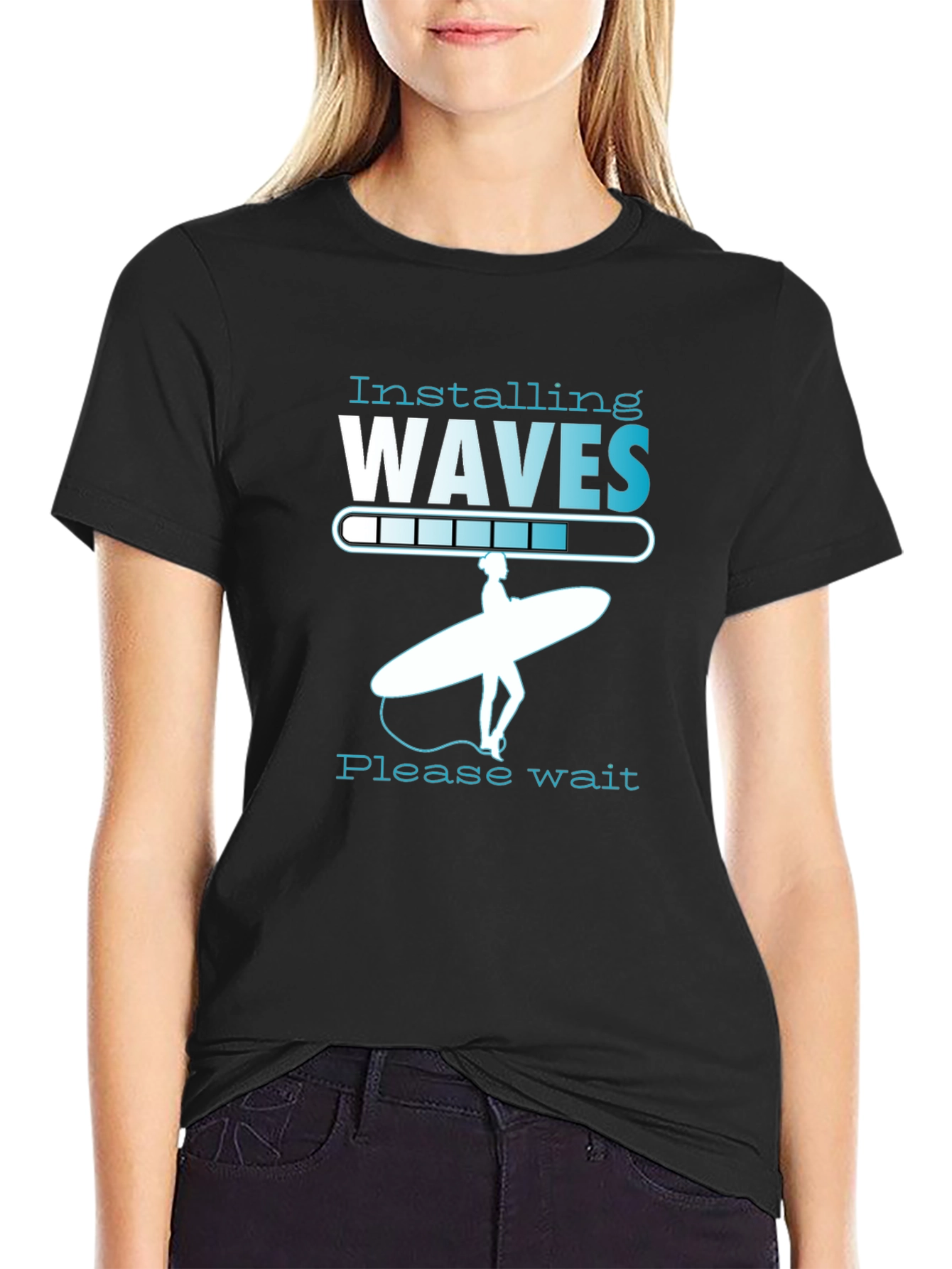 Black Installing Waves Graphic T-Shirt - Surfer Design view 2