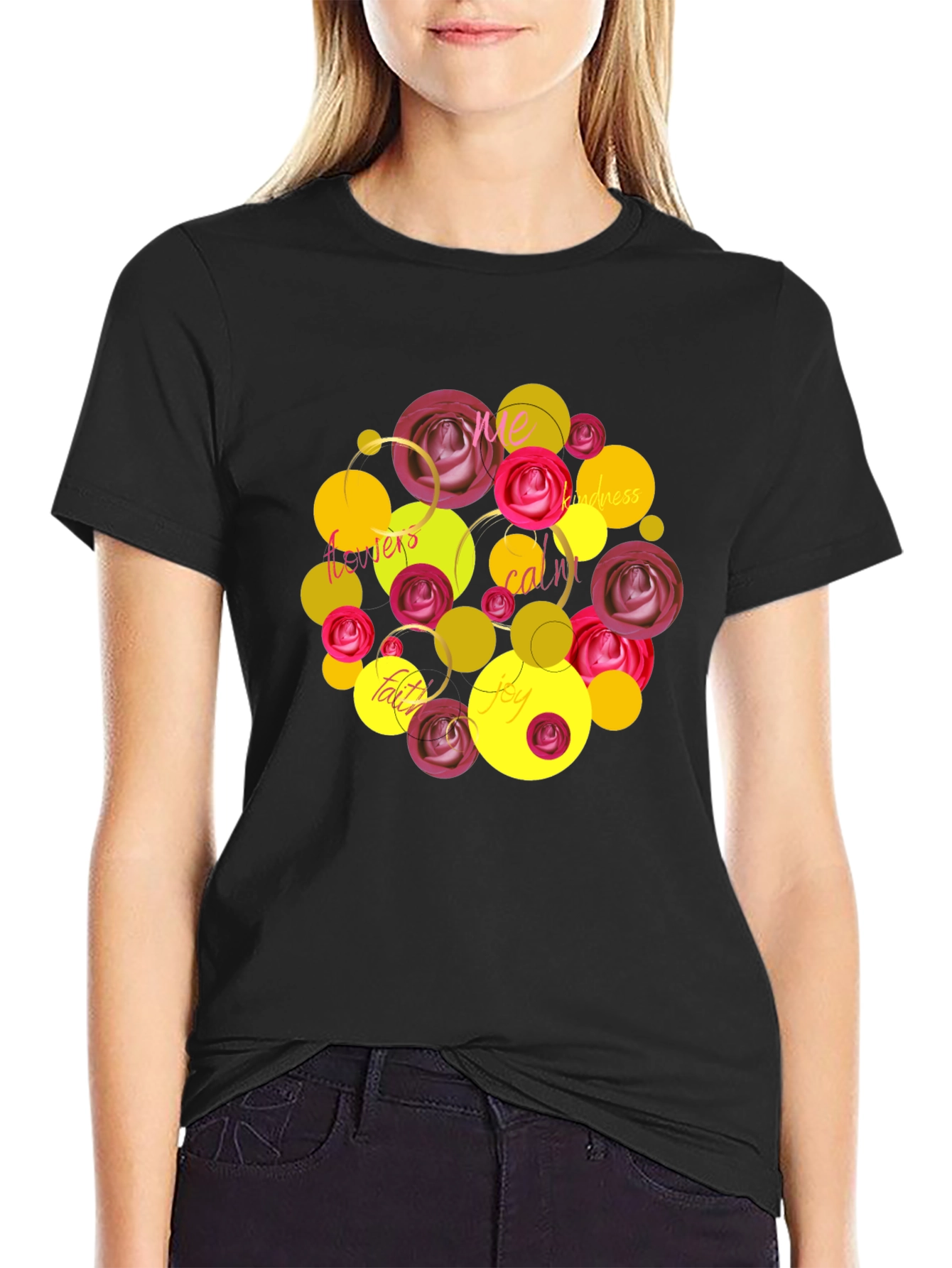 Black Floral Word Art T-Shirt - Positive Vibes view 2