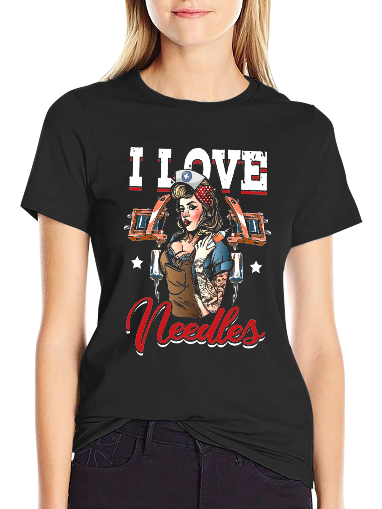 Black I Love Needles Black T-Shirt Tattoo Artist Nurse view 2