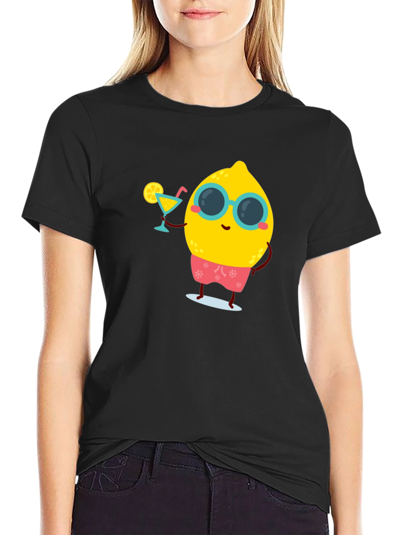 Black Cool Lemon Summer T-Shirt - Black Cotton Tee view 2