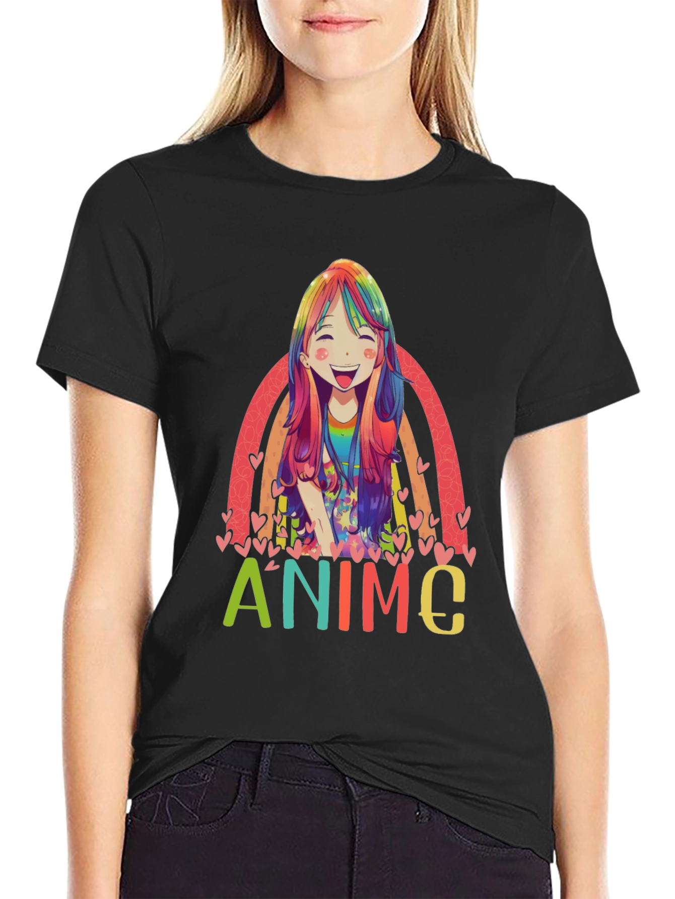 Black Anime Rainbow Graphic Tee - Colorful Manga Style view 2