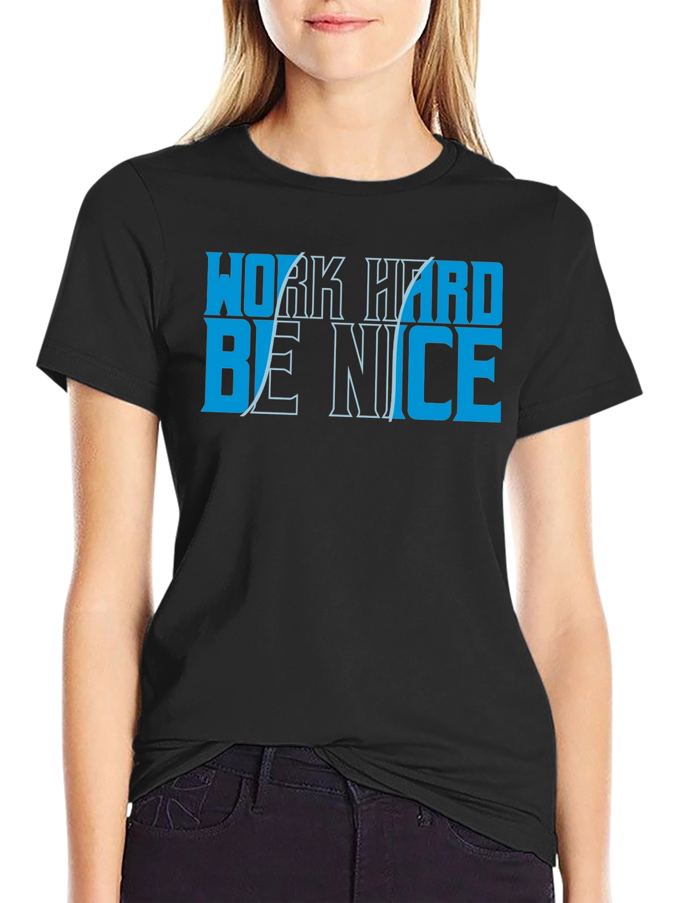 Black Work Hard Be Nice Graphic Tee - Black Crew Neck T-Shirt view 2