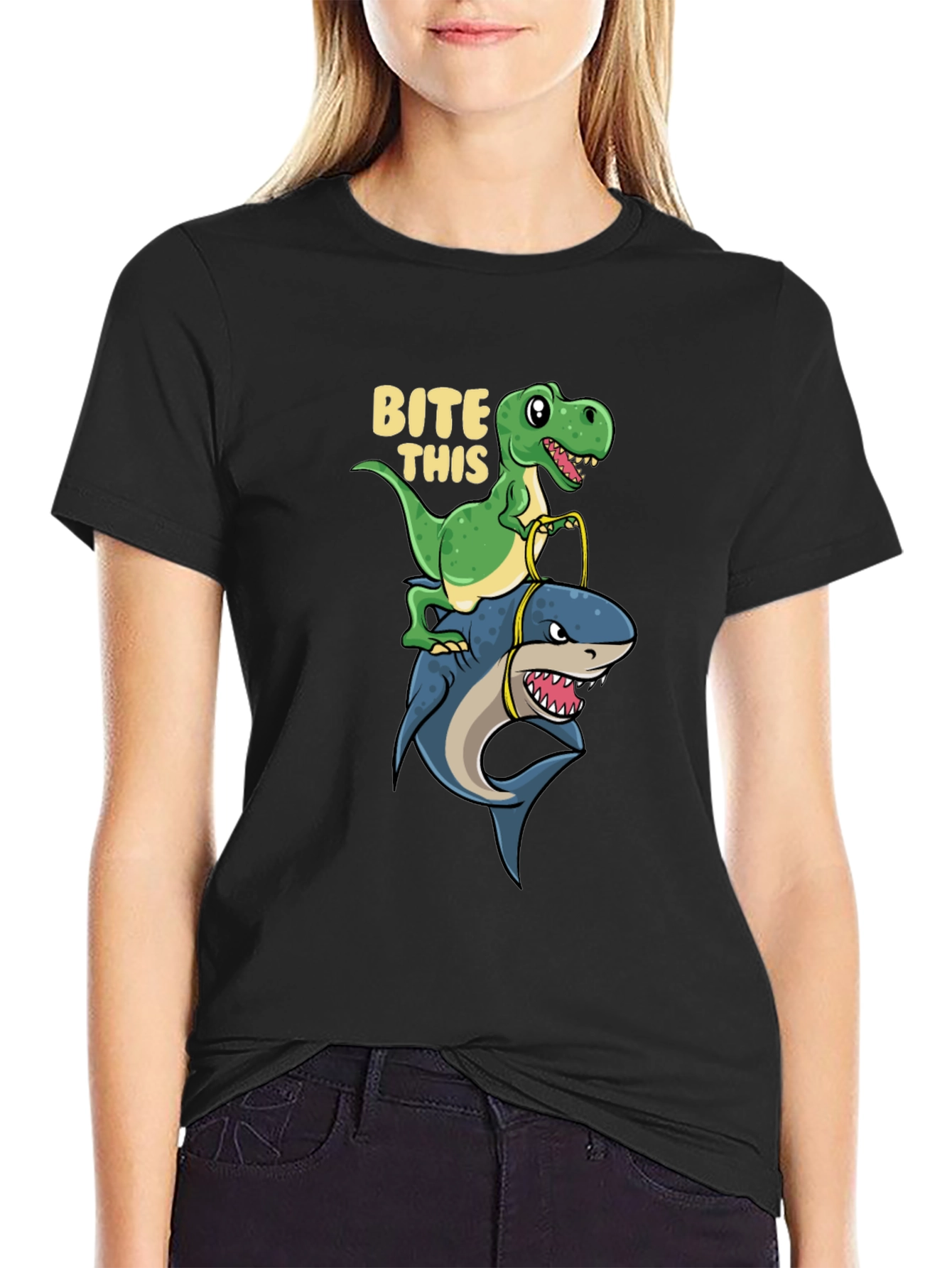 Black Dino Riding Shark T-Shirt - Bite This Funny Graphic Tee view 2