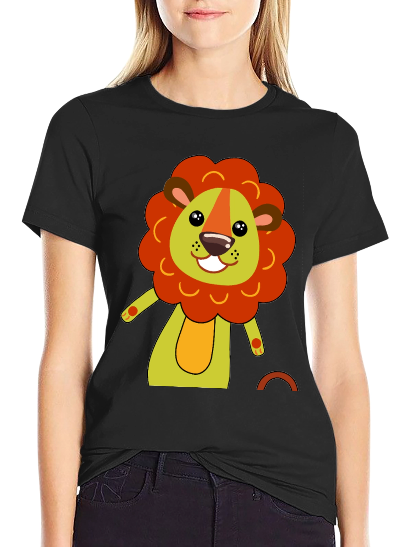 Black Cute Cartoon Lion Black T-Shirt view 2