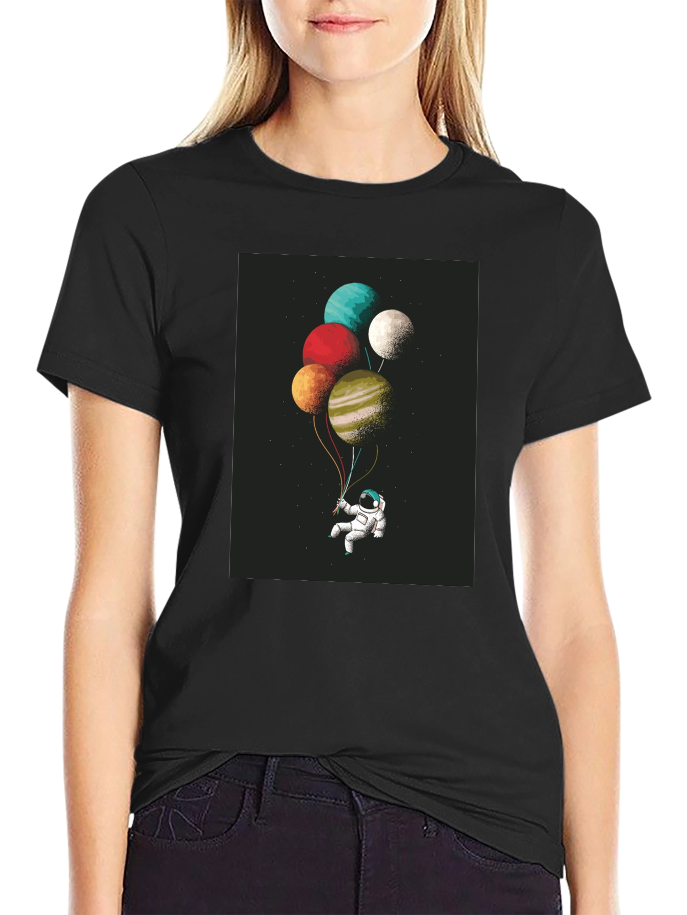 Black Astronaut Planet Balloons Graphic Tee - Black Cotton Blend view 2