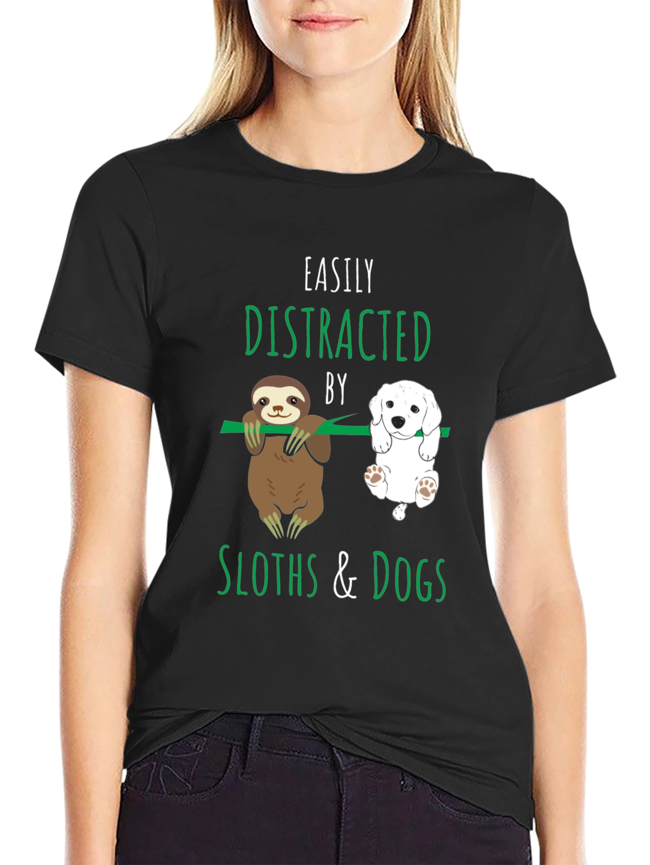 Black Easily Distracted By Sloths & Dogs T-Shirt view 2
