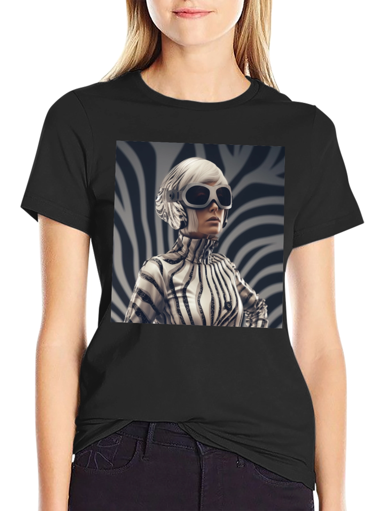 Black Stylish Black Tee with Zebra Print Design view 2