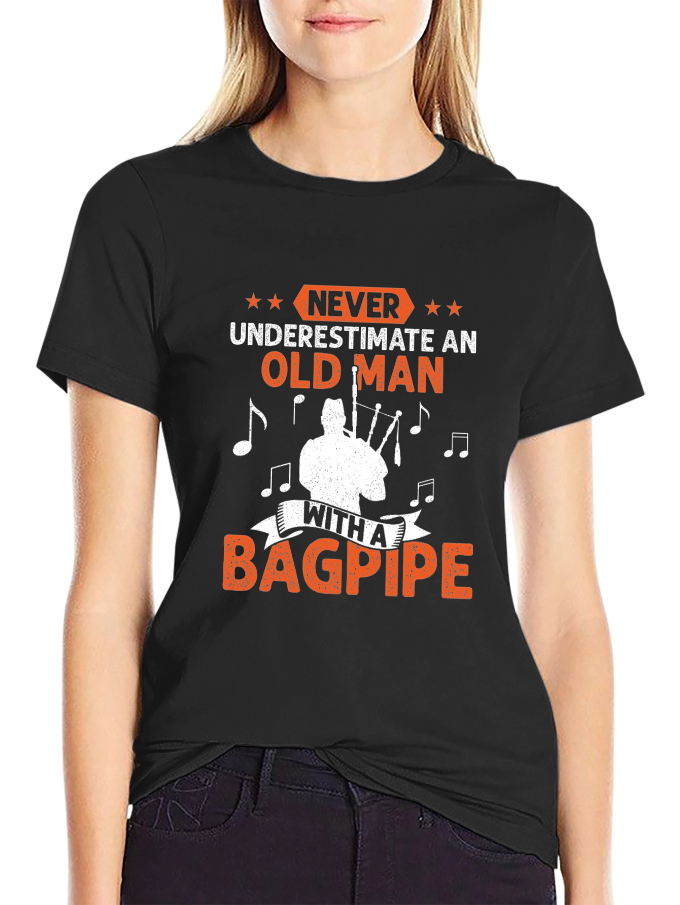 Black Never Underestimate Old Man Bagpipe T-Shirt view 2