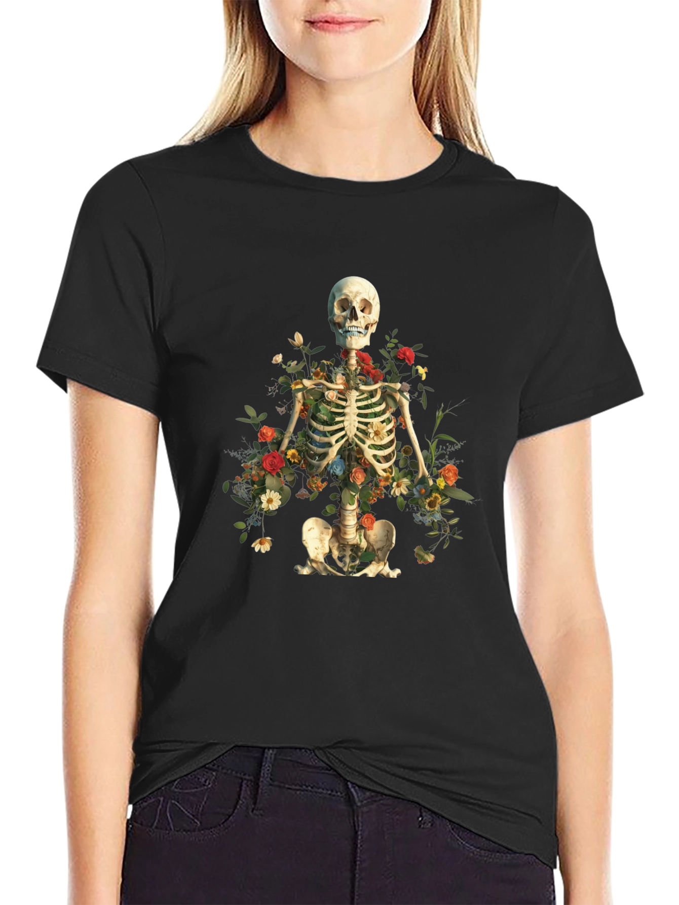 Black Floral Skeleton Graphic Tee view 2
