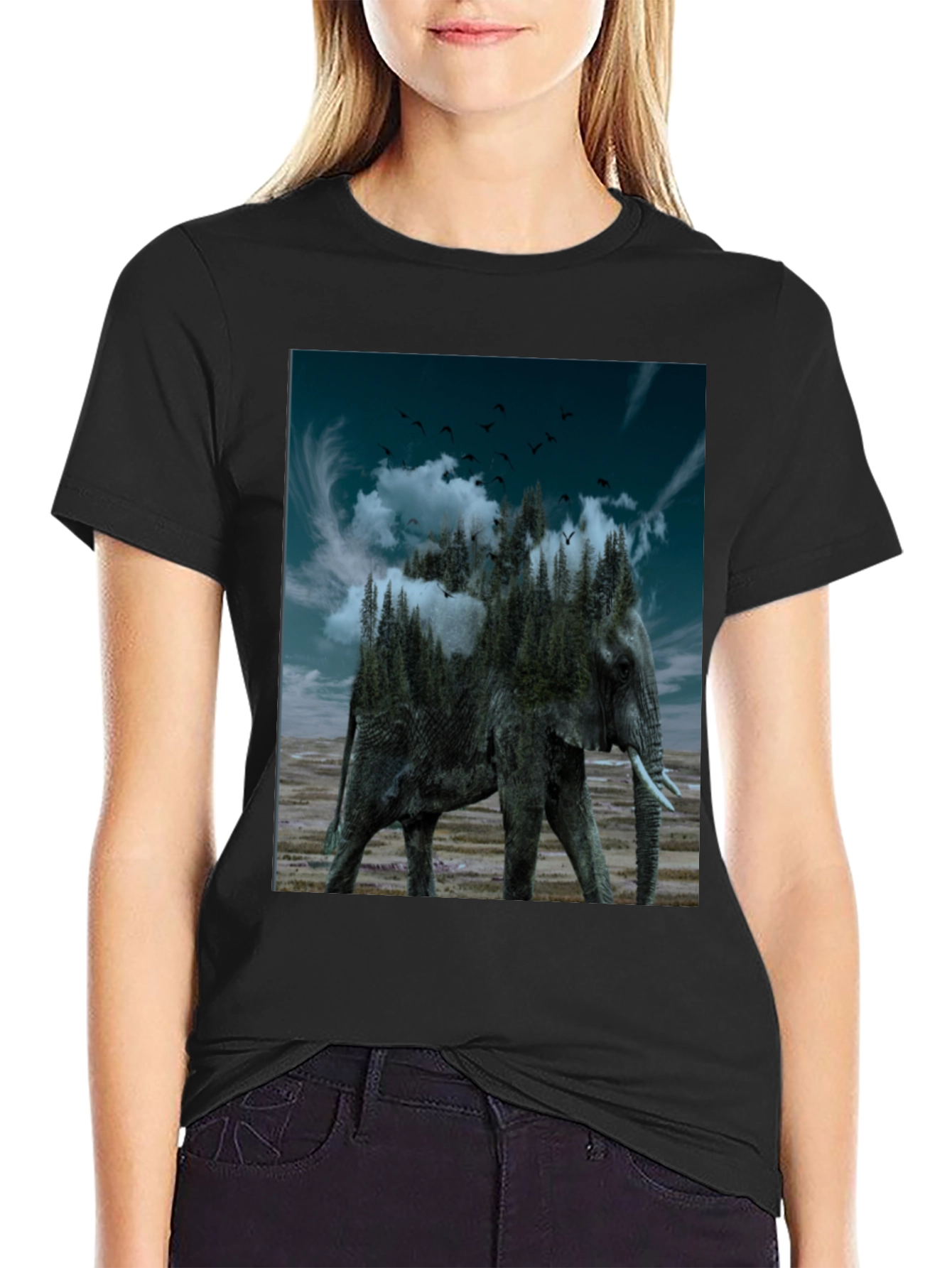 Black Surreal Elephant Forest Graphic Tee - Black view 2