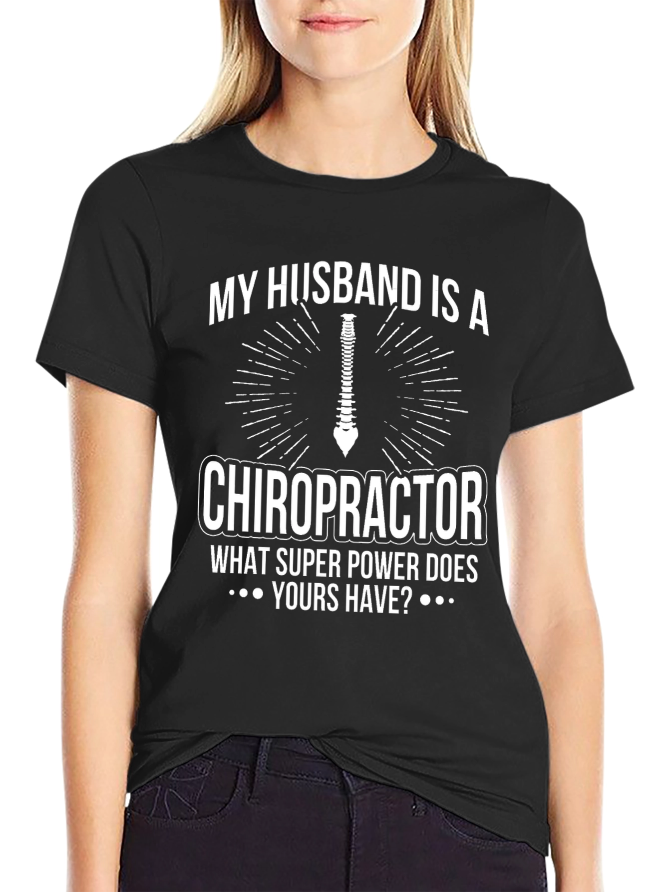 Black Chiropractor Husband Superpower T-Shirt - Funny Graphic Tee view 2