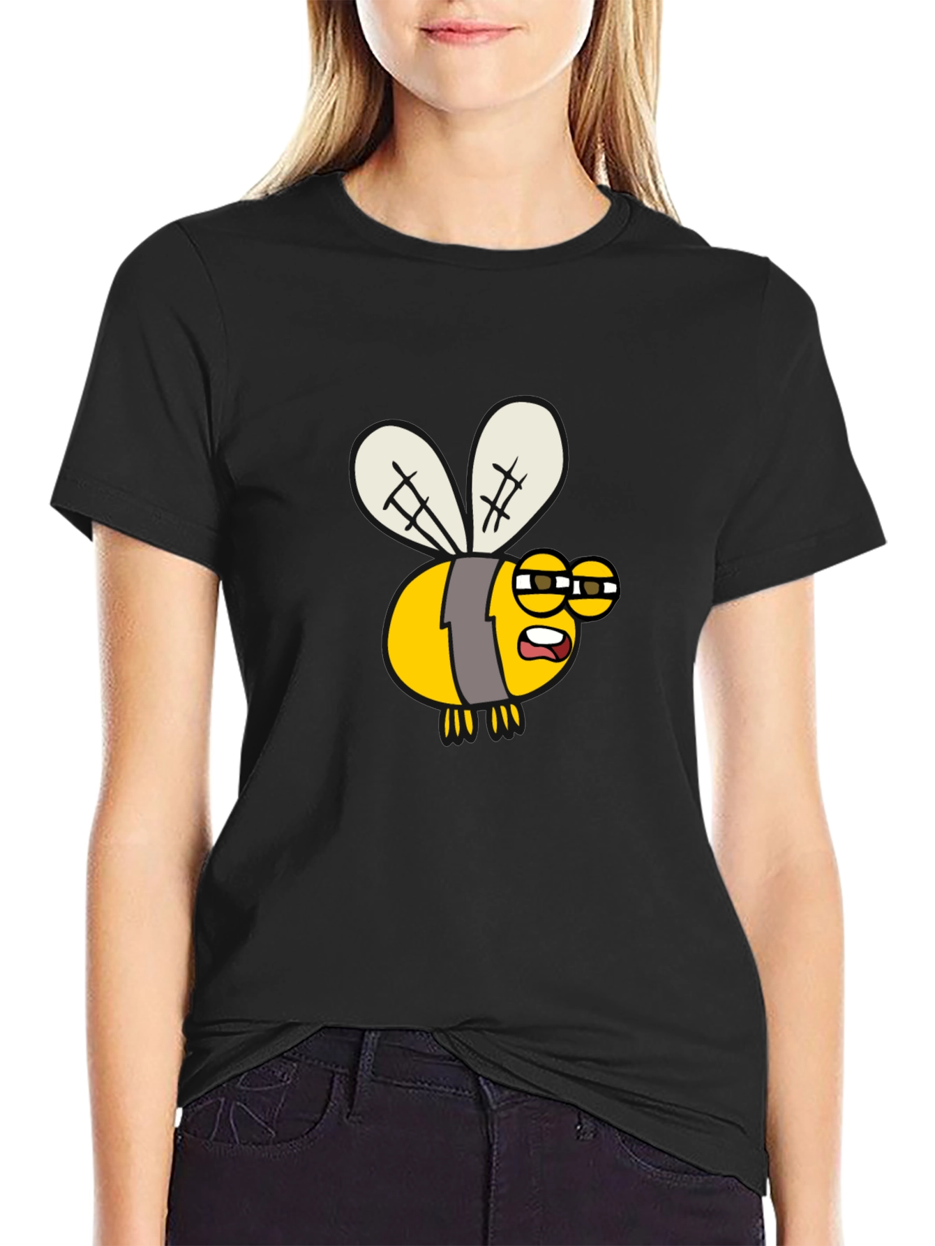 Black Funny Bee Cartoon Graphic T-Shirt - Soft Cotton Blend view 2