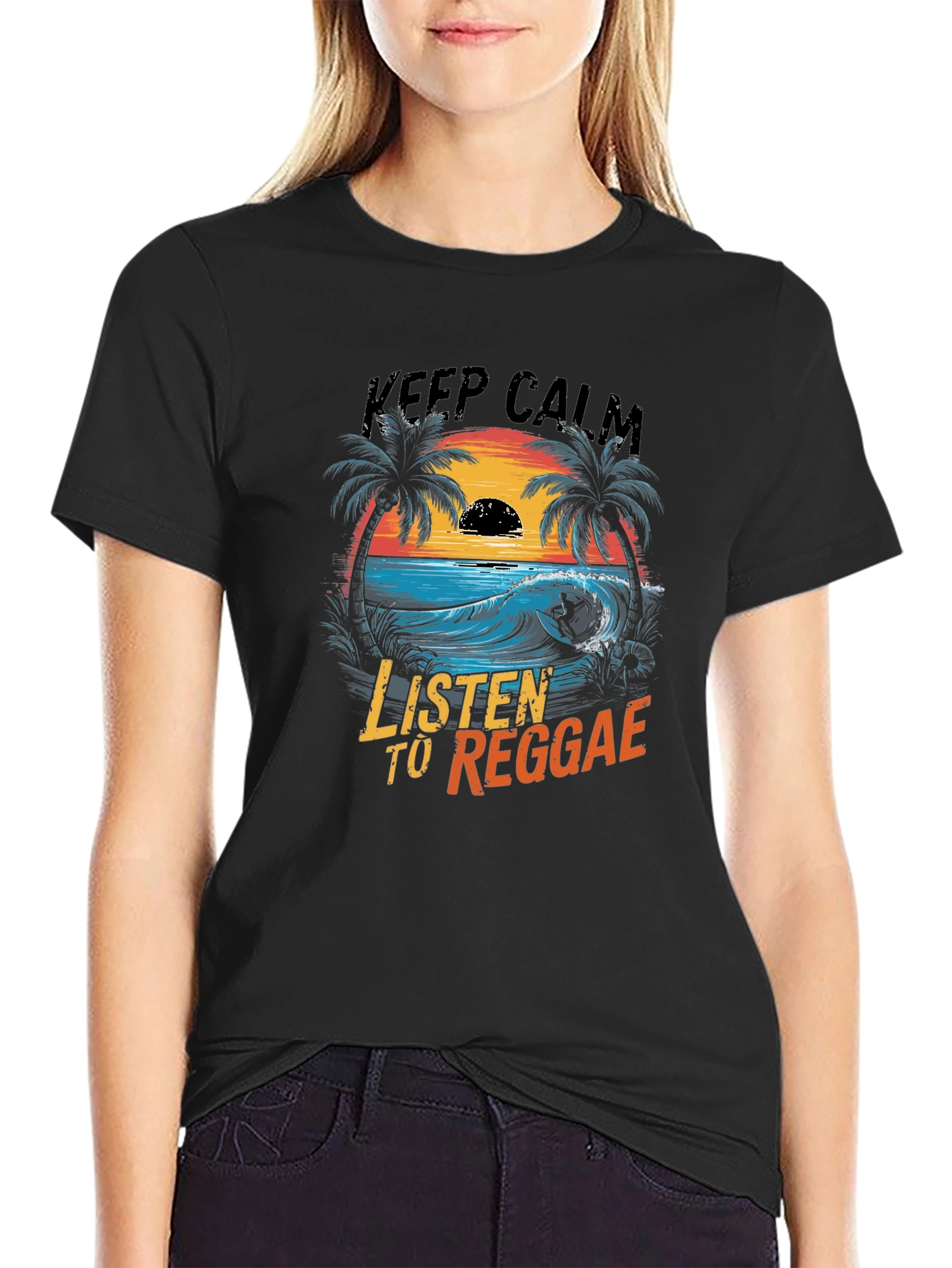 Black Keep Calm Listen to Reggae Graphic T-Shirt view 2