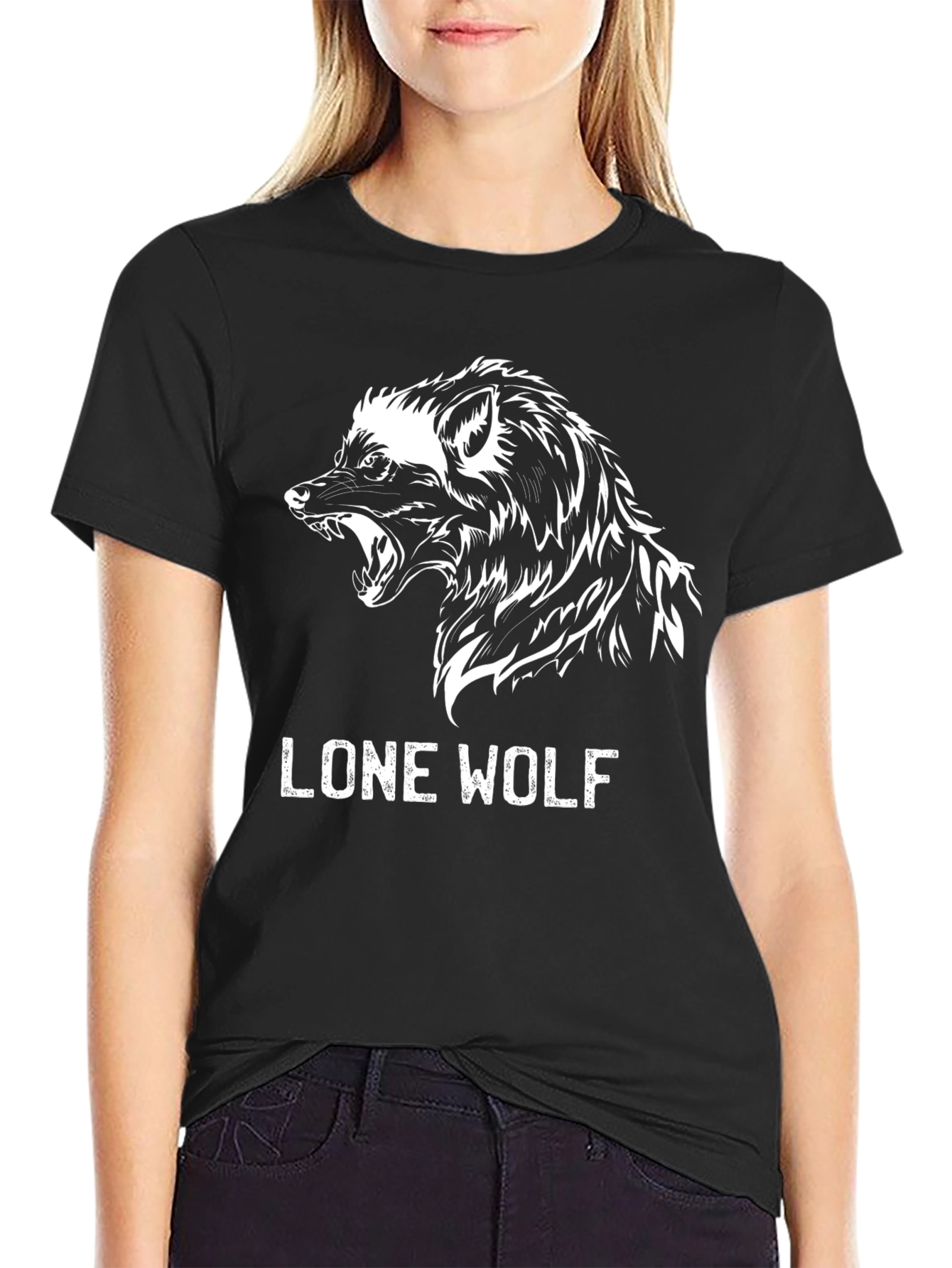 Black Lone Wolf Graphic Tee - Black Cotton T-Shirt view 2