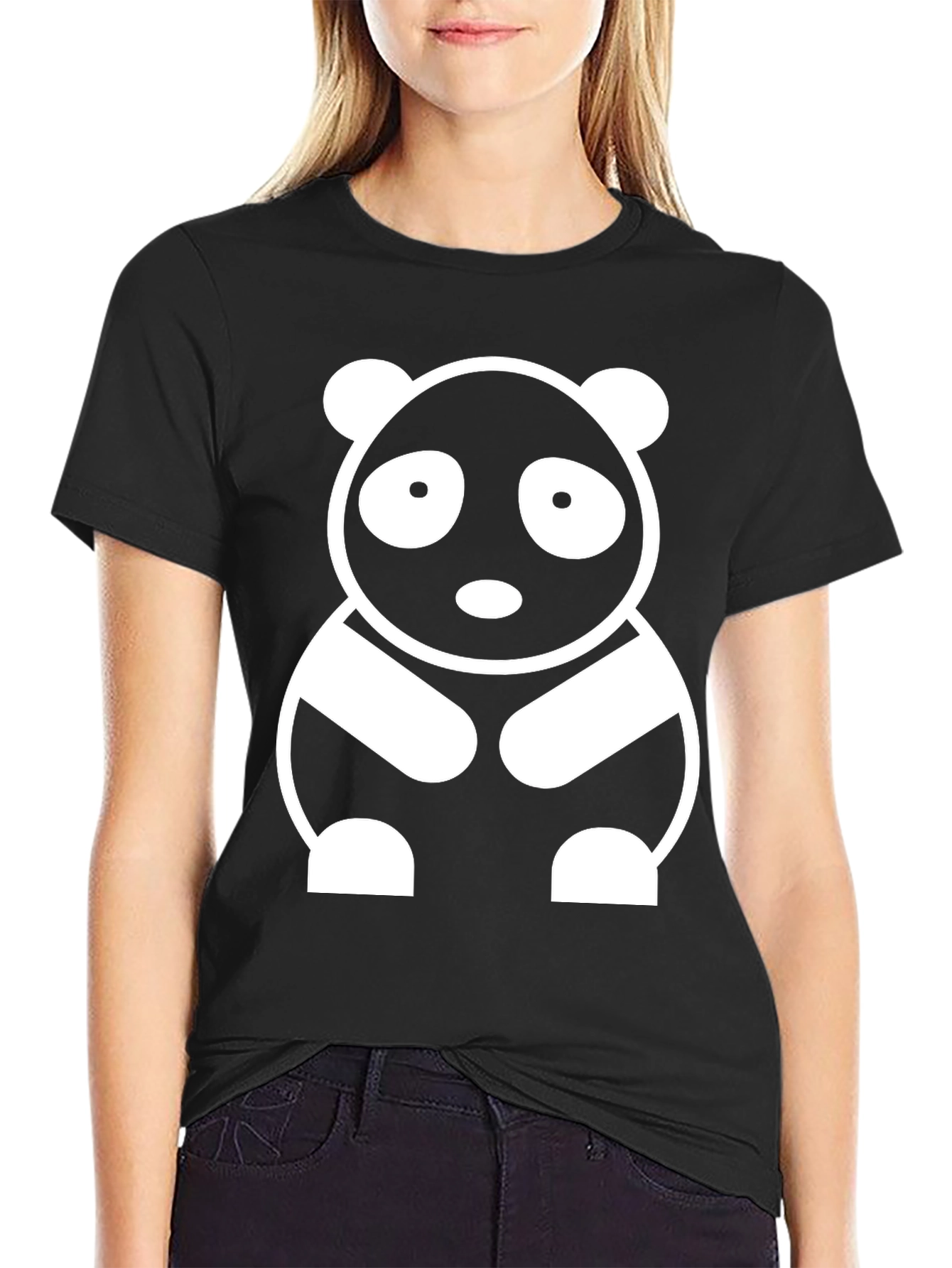 Black Cute Panda Graphic Tee - Black Cotton T-Shirt view 2