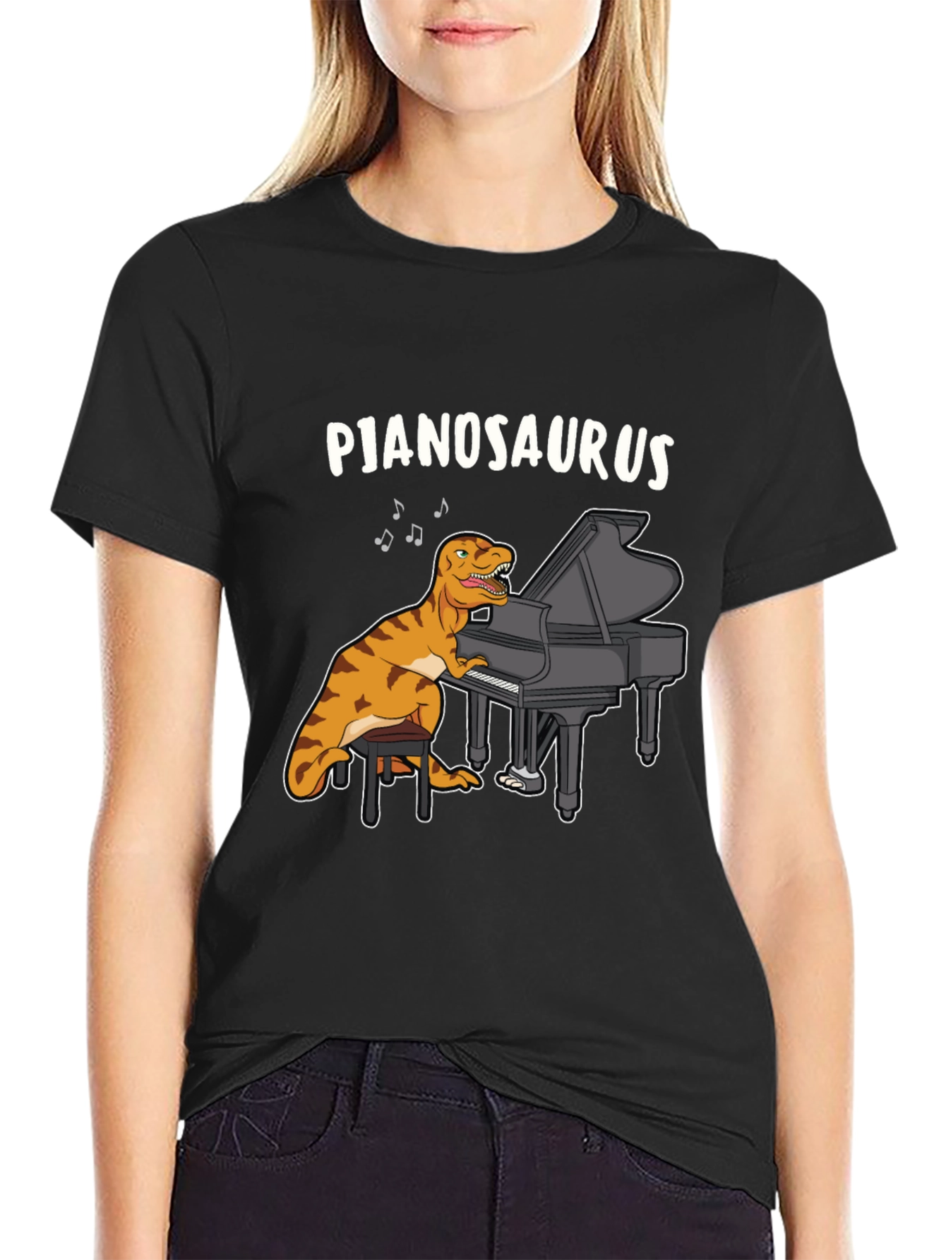 Black Pjanosaurus T-Shirt - Dinosaur Playing Piano Funny Tee view 2