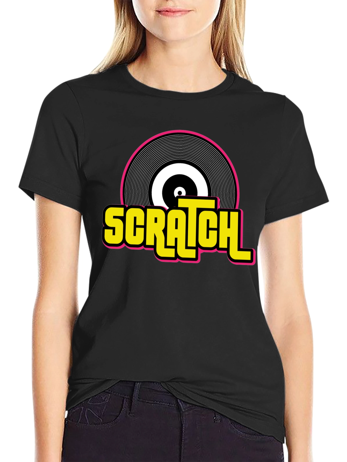 Black Scratch Record Graphic T-Shirt - Retro DJ Music Tee view 2