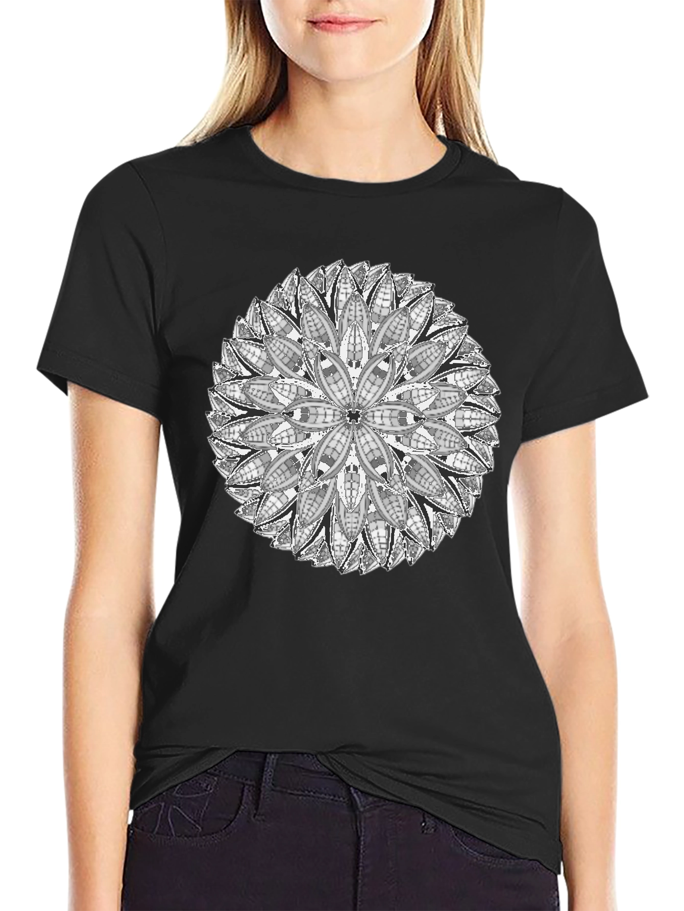 Black Geometric Mandala Print Black T-Shirt view 2