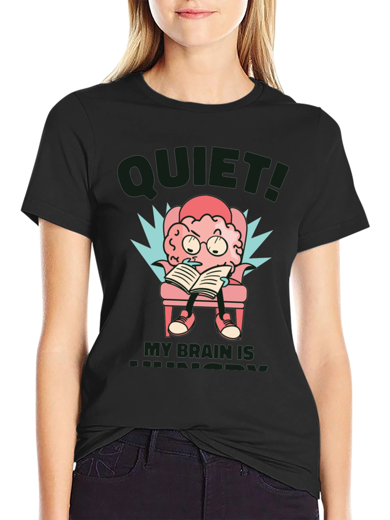 Black Quiet! My Brain is Hungry T-Shirt - Novelty Brain Cartoon Tee view 2