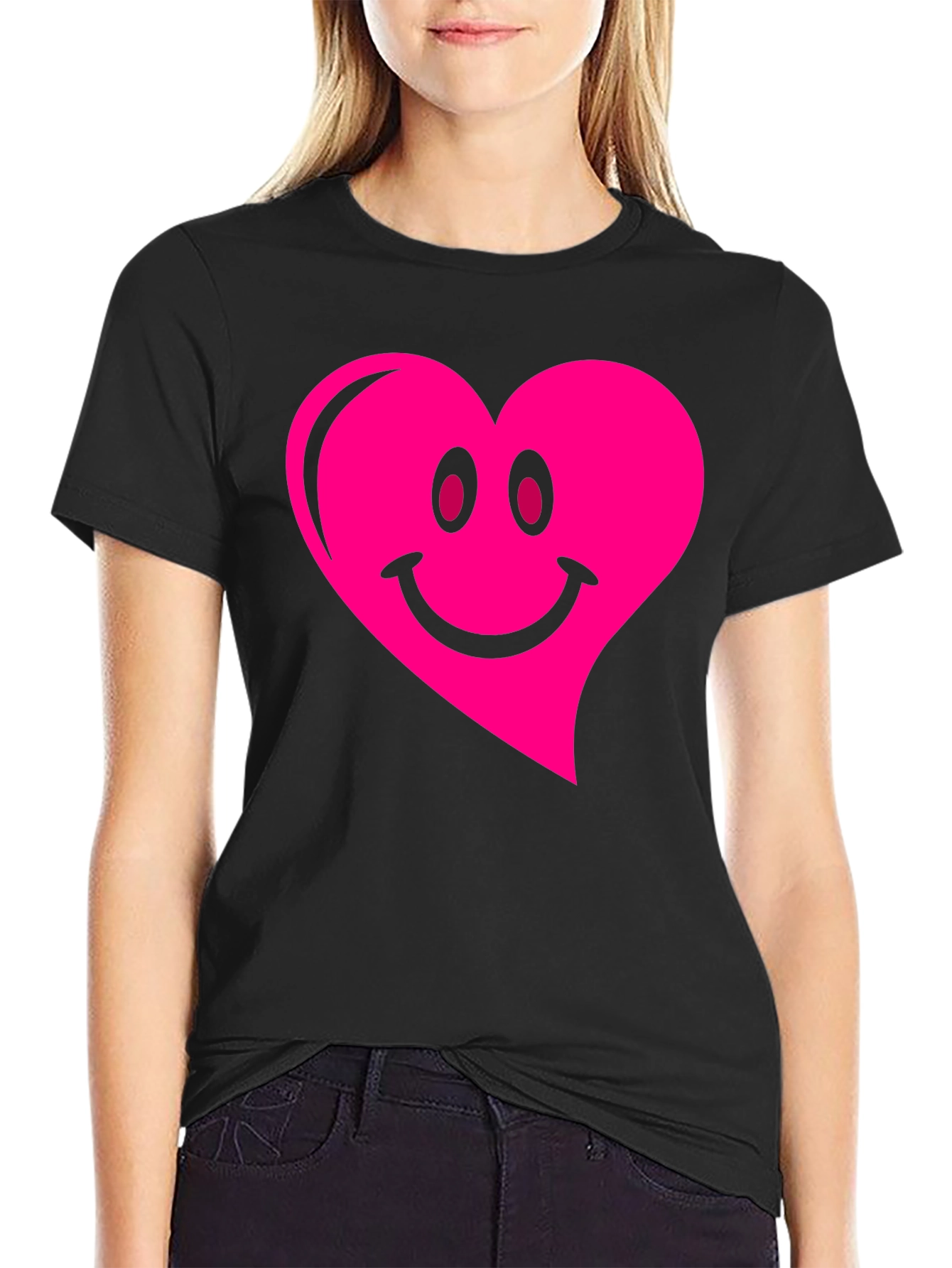 Black Heart Smiley Face Graphic Black T-Shirt view 2