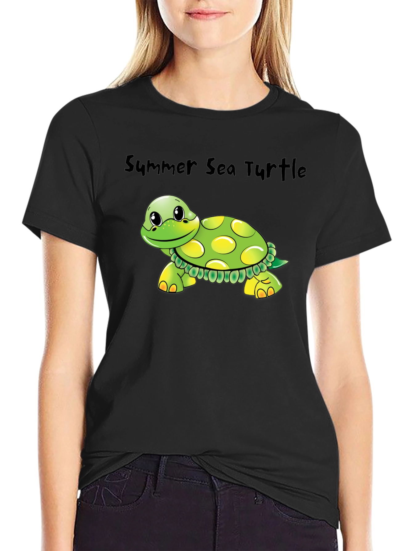 Black Summer Sea Turtle Graphic Tee - Soft Cotton Blend view 2