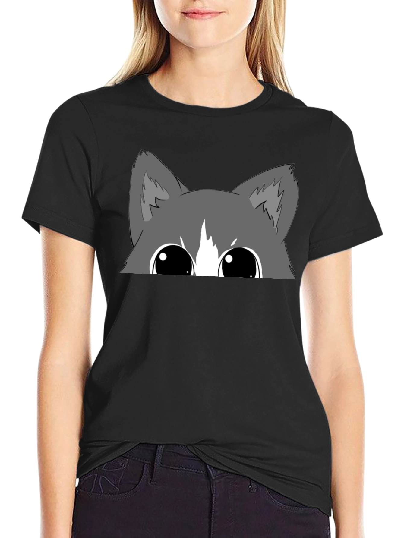 Black Peek-a-Boo Cat Graphic Tee - Black Cotton Blend view 2