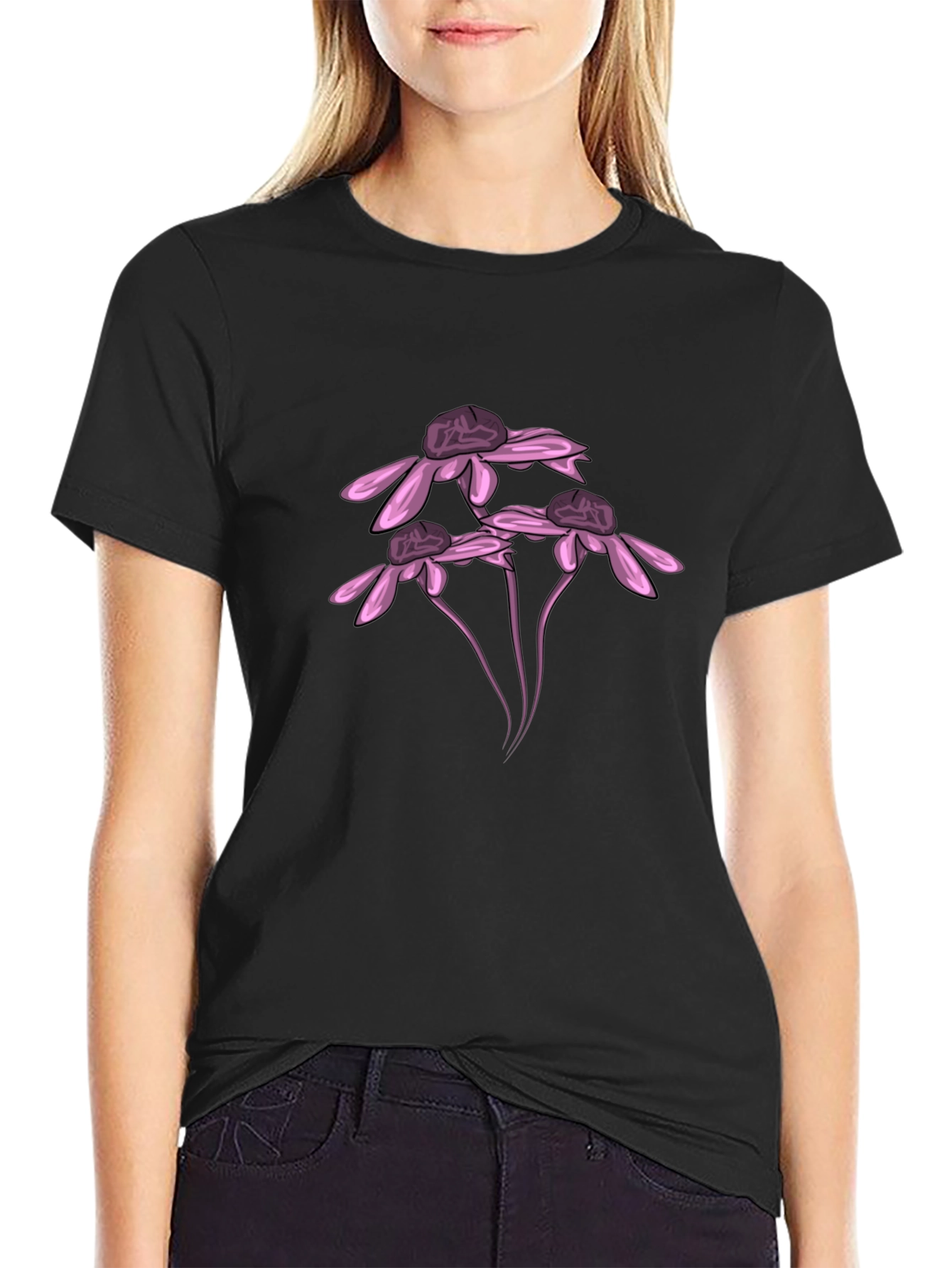 Black Black T-Shirt with Pink Flower Design view 2