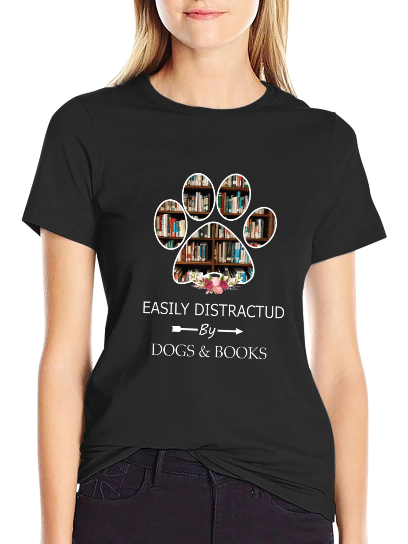Black Easily Distracted by Dogs & Books T-Shirt view 2