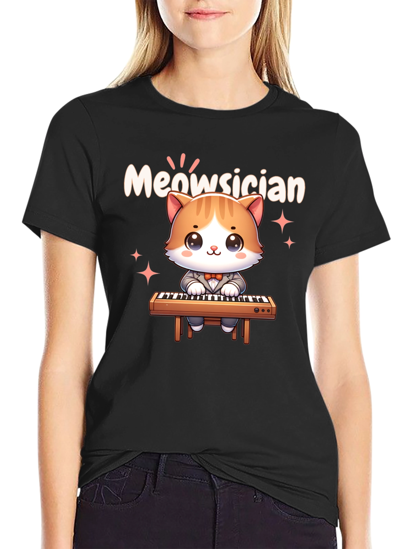 Black Meowsician Cat T-Shirt - Cute Musician Tee view 2