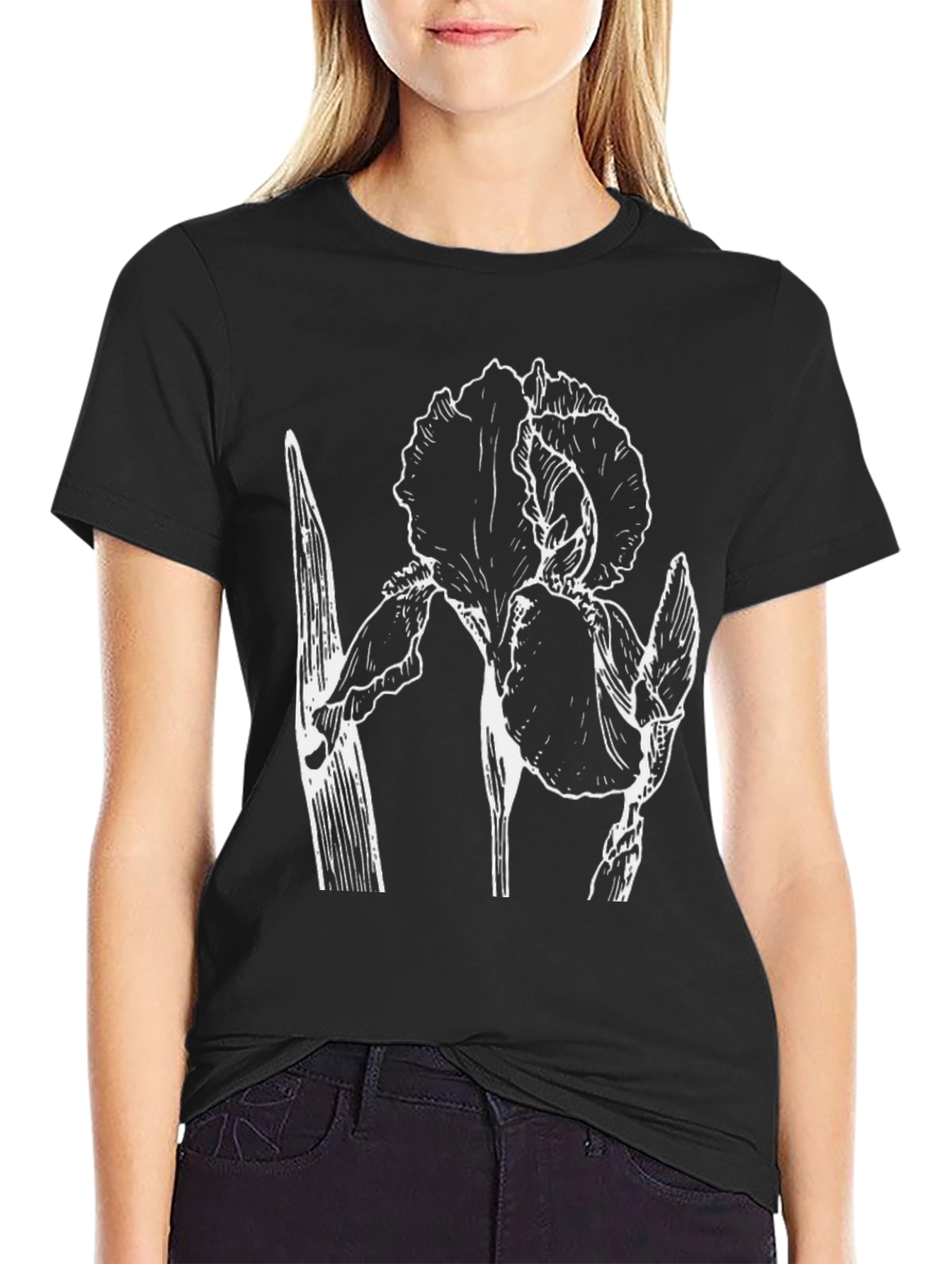 Black Floral Graphic Print Black Crew Neck T-Shirt view 2