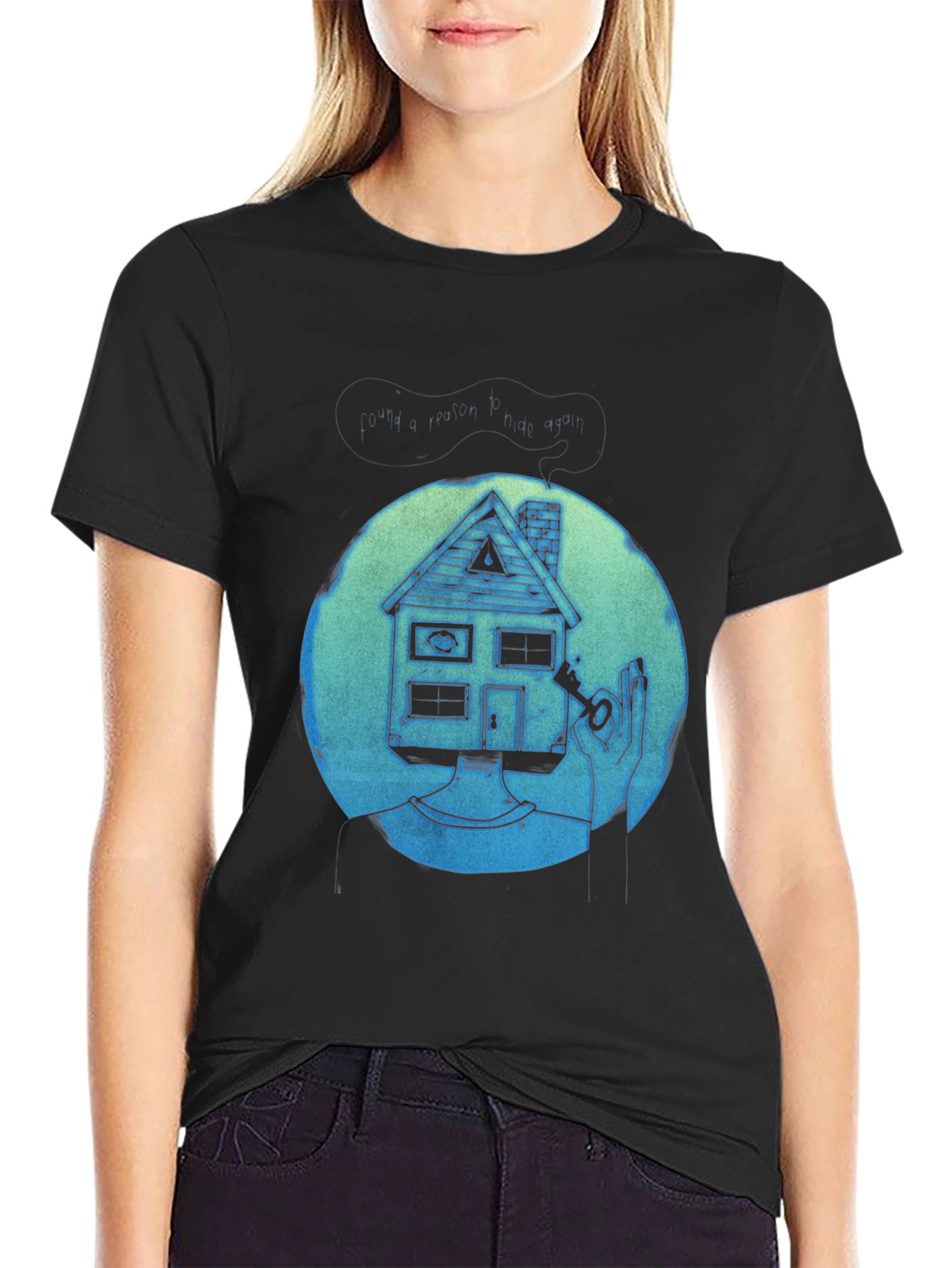 Black Surreal House Head T-Shirt view 2