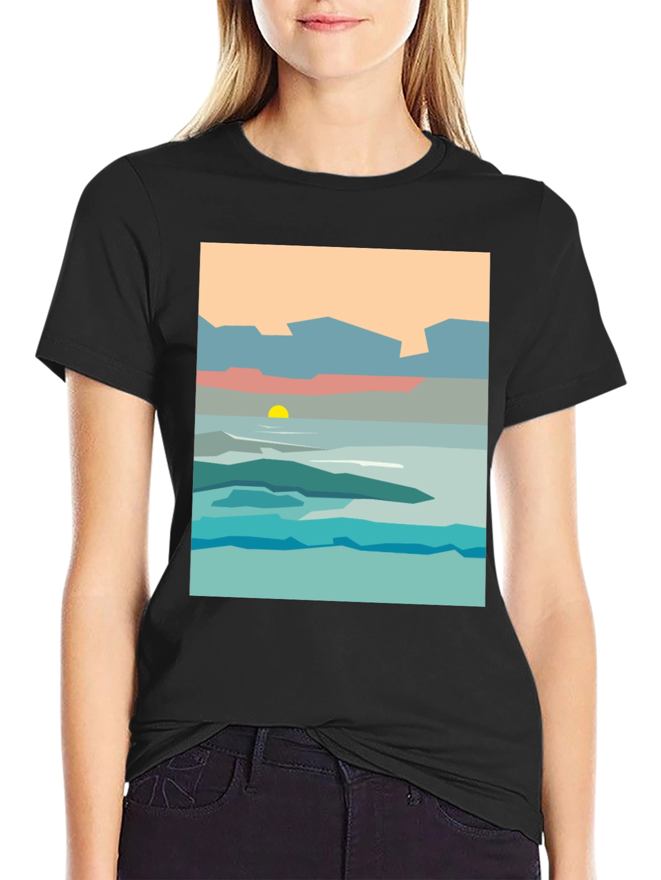 Black Abstract Landscape Graphic Tee - Black Cotton T-Shirt view 2