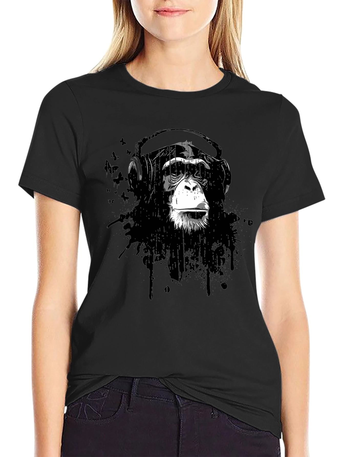 Black Cool Monkey Headphone Graphic T-Shirt view 2
