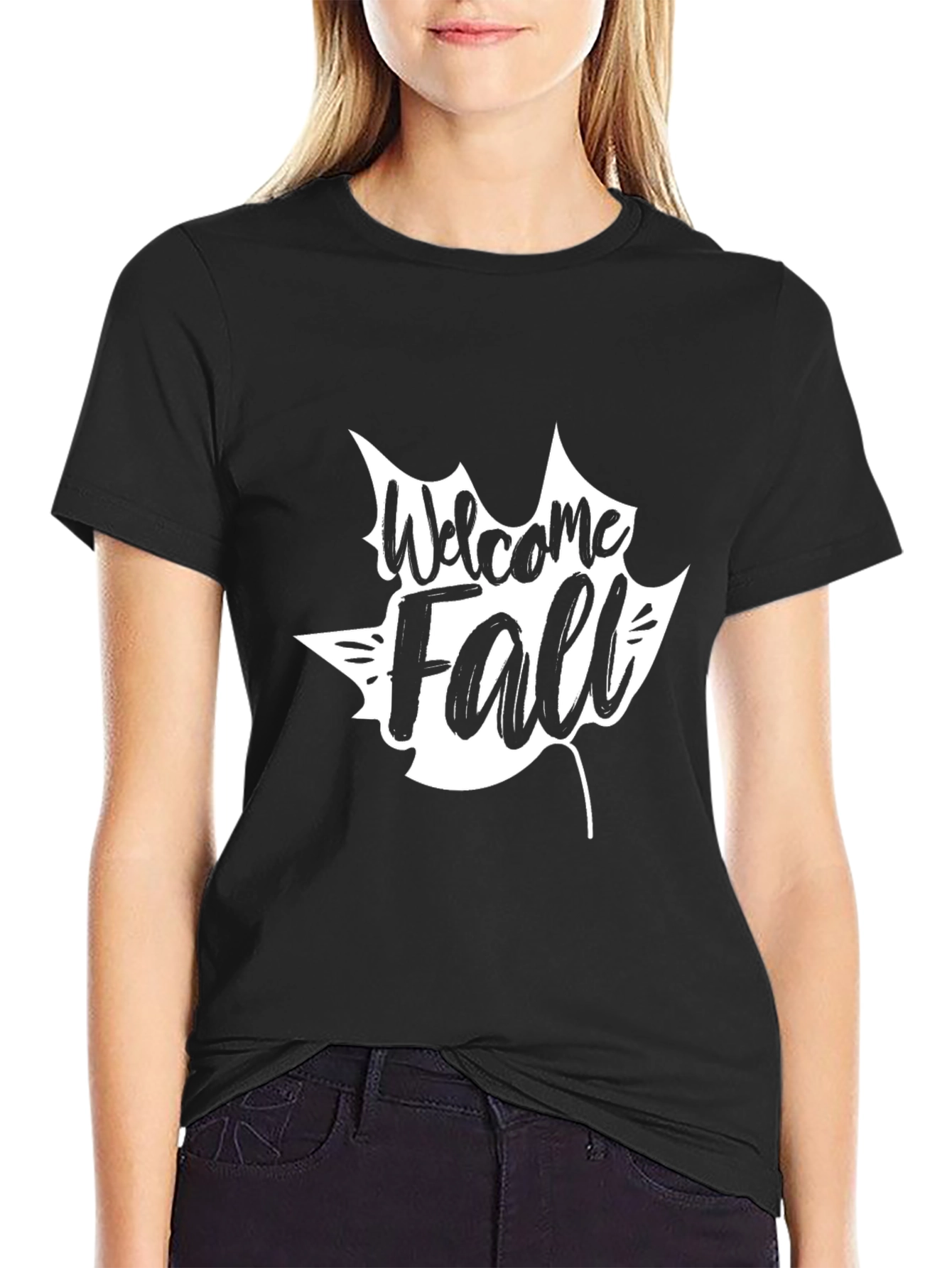 Black Welcome Fall Graphic Tee - Black Cotton Casual T-Shirt view 2