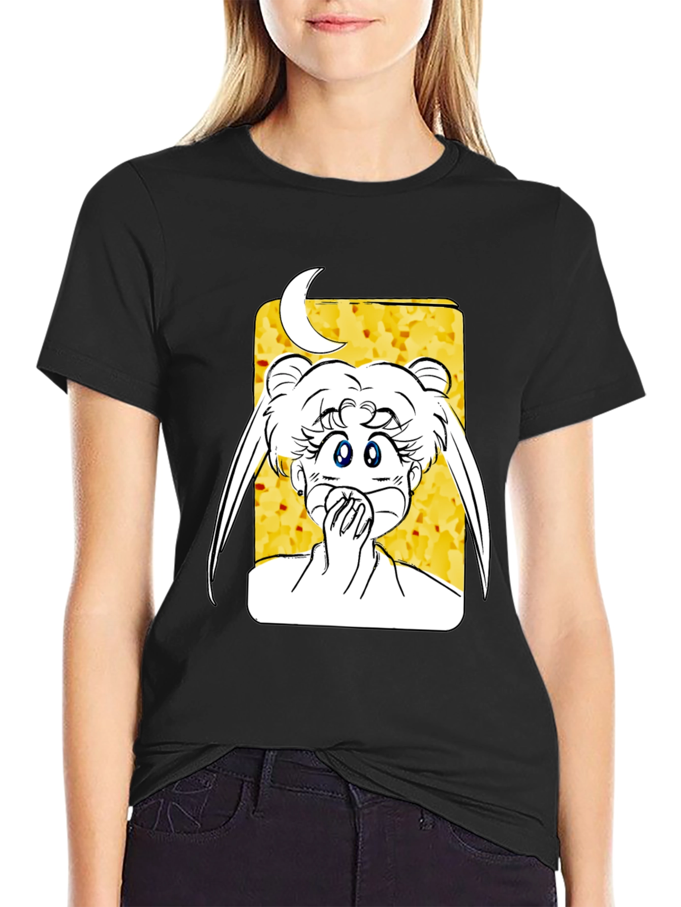 Black Anime Graphic Tee - Sailor Moon Design Black T-Shirt view 2