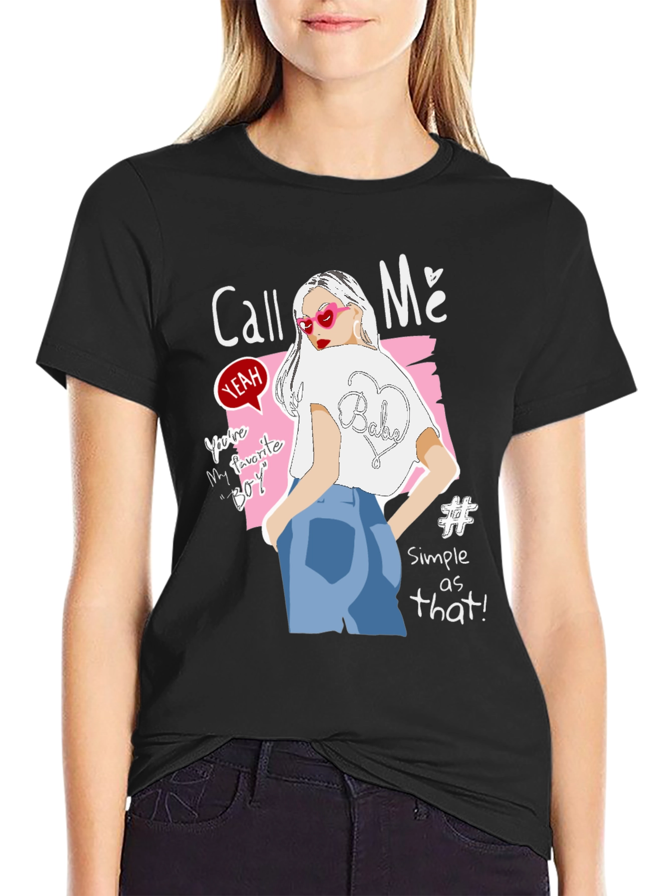 Black Call Me Graphic Tee - Trendy Woman Design, Black view 2
