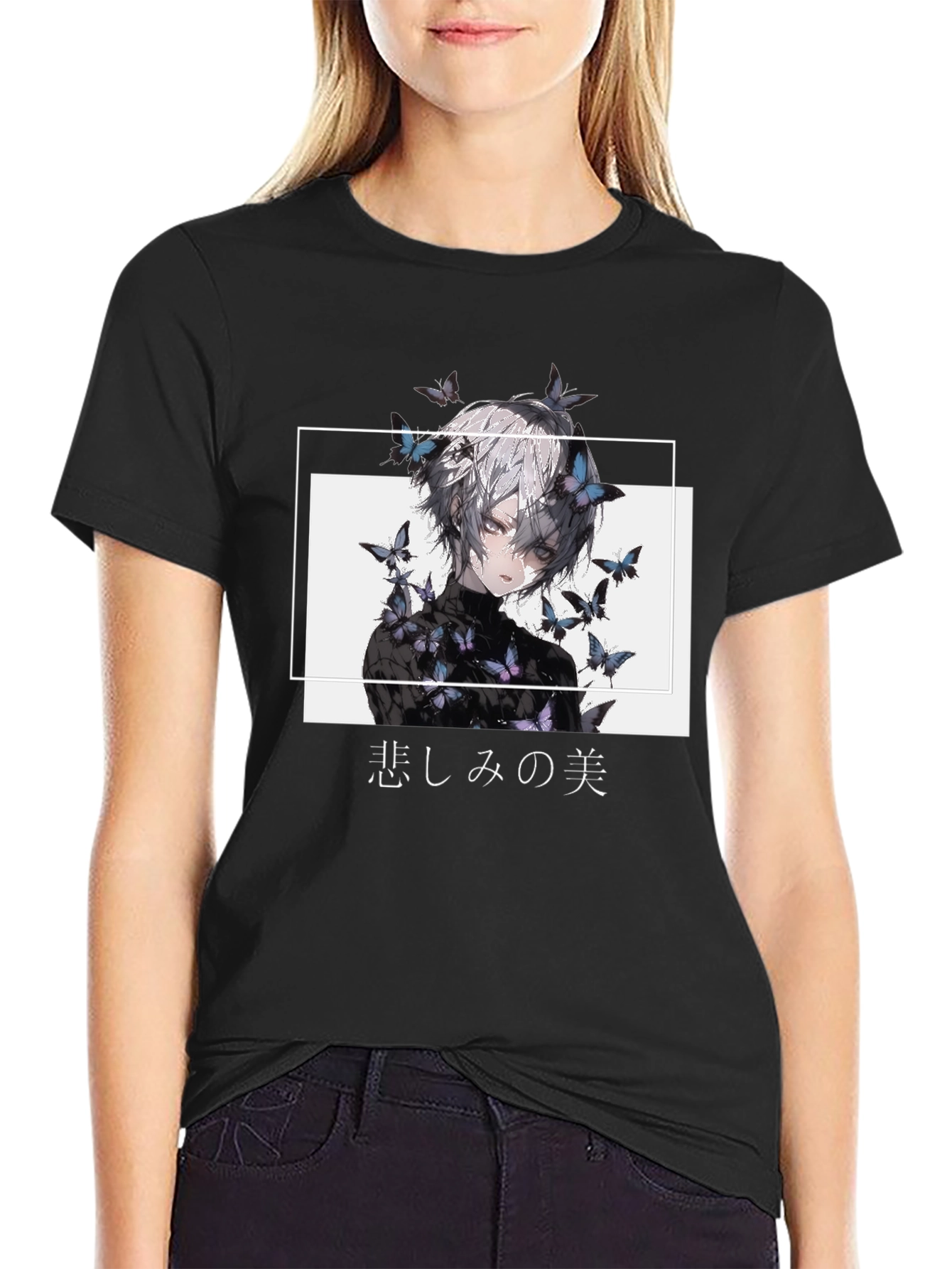 Black Anime Butterfly Graphic Black T-Shirt view 2
