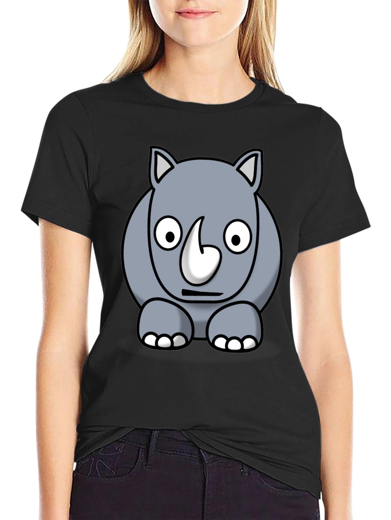 Black Cartoon Rhino Graphic Tee - Black Cotton T-Shirt view 2