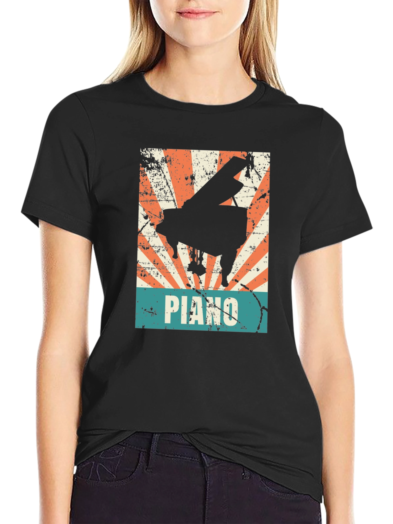 Black Retro Piano Graphic Tee - Vintage Style Musician T-Shirt view 2