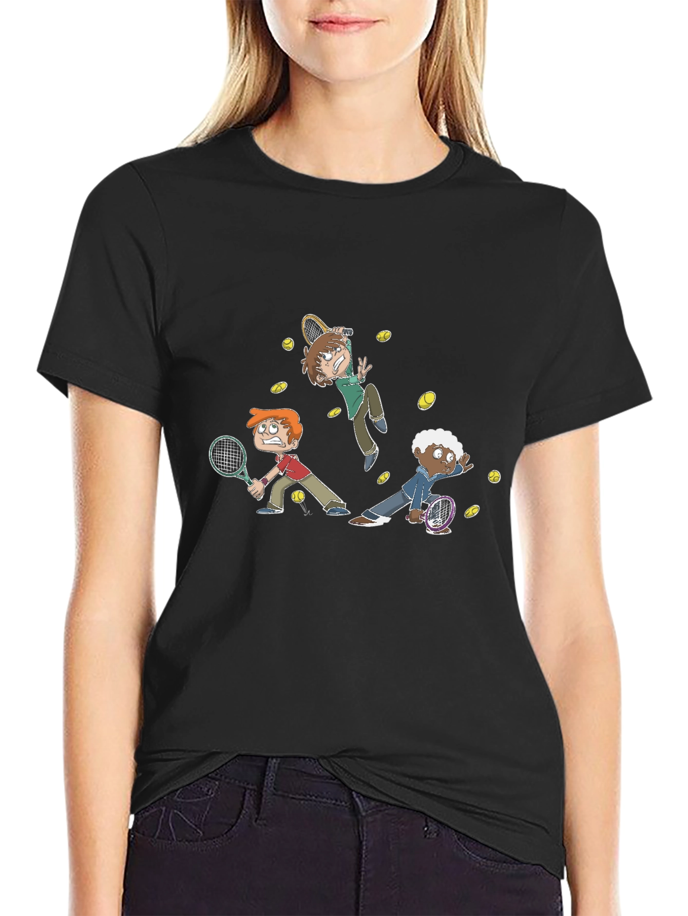 Black Tennis Cartoon Graphic Black T-Shirt view 2