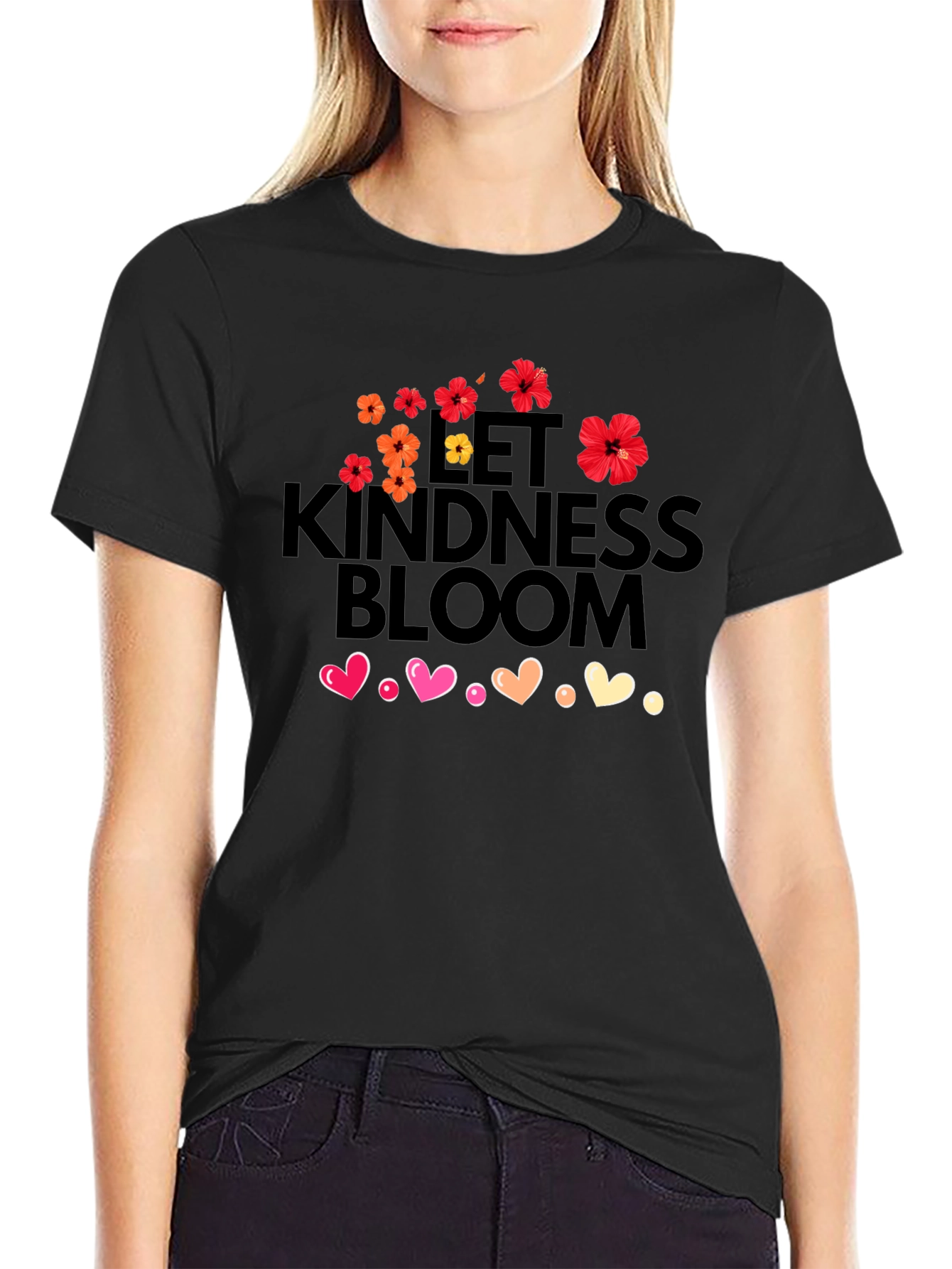 Black Let Kindness Bloom T-Shirt - Floral Heart Design view 2