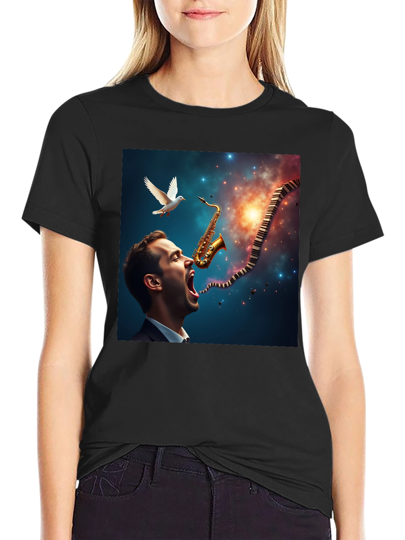 Black Jazz Harmony T-Shirt: Saxophone & Piano Keys Design view 2