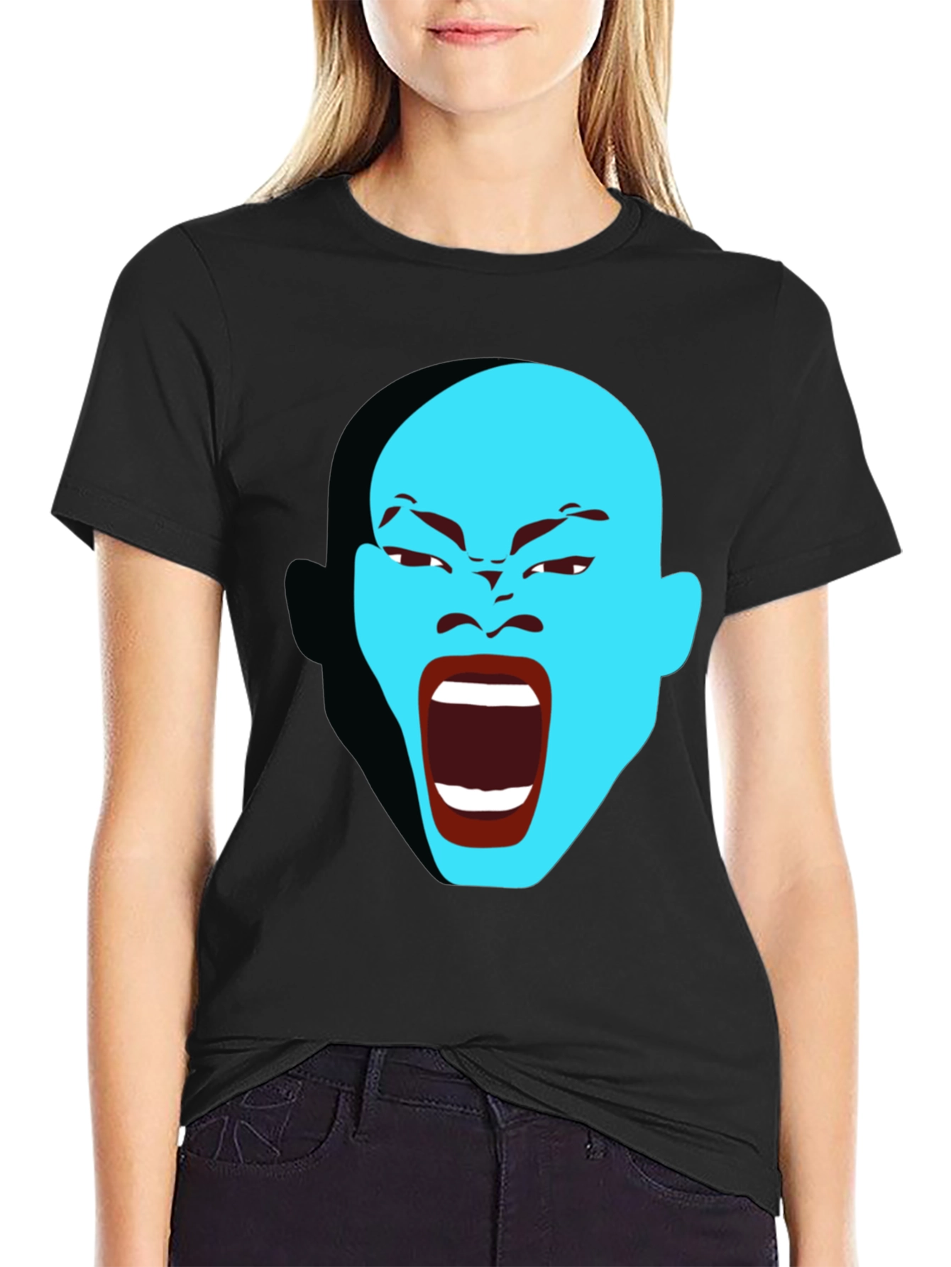 Black Screaming Blue Face Graphic T-Shirt view 2