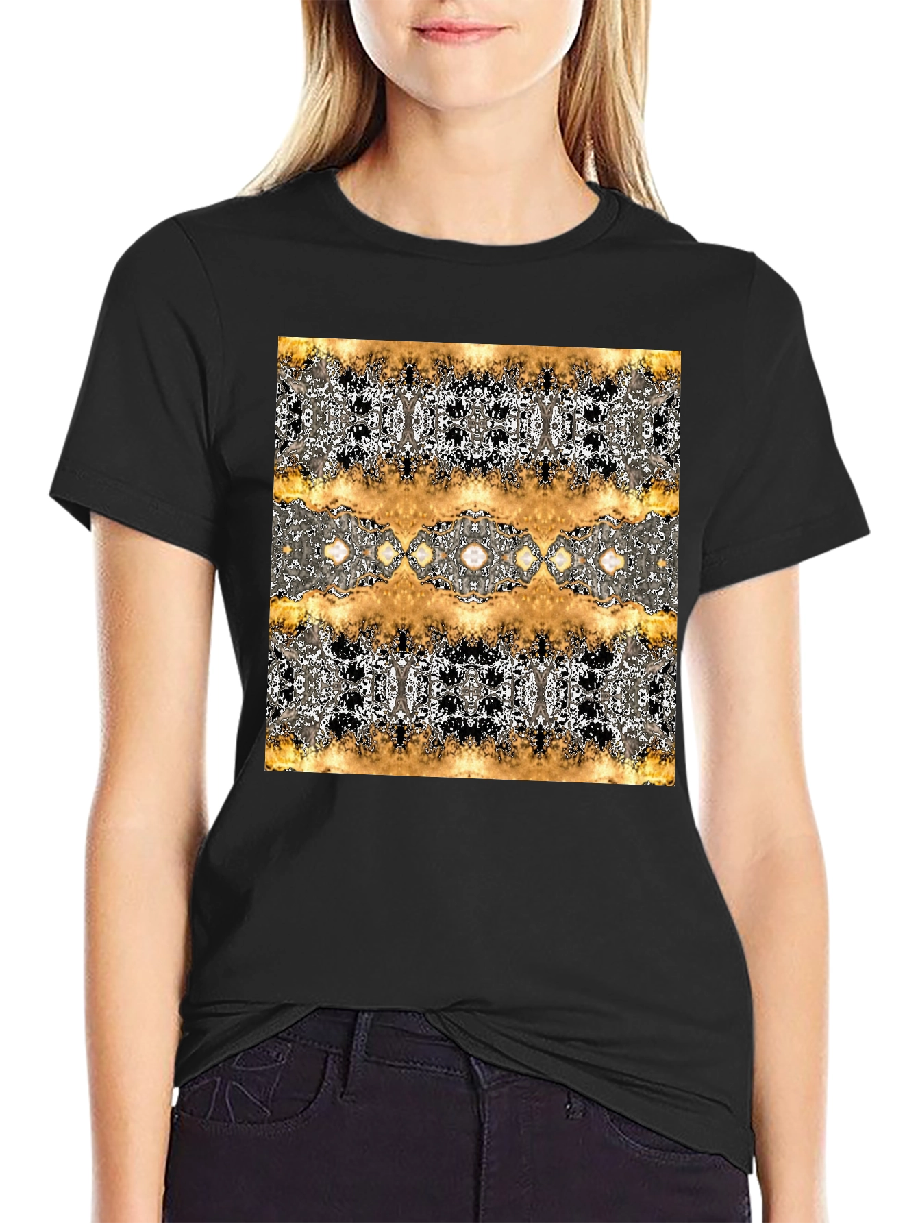 Black Abstract Gold & Black Patterned T-Shirt view 2