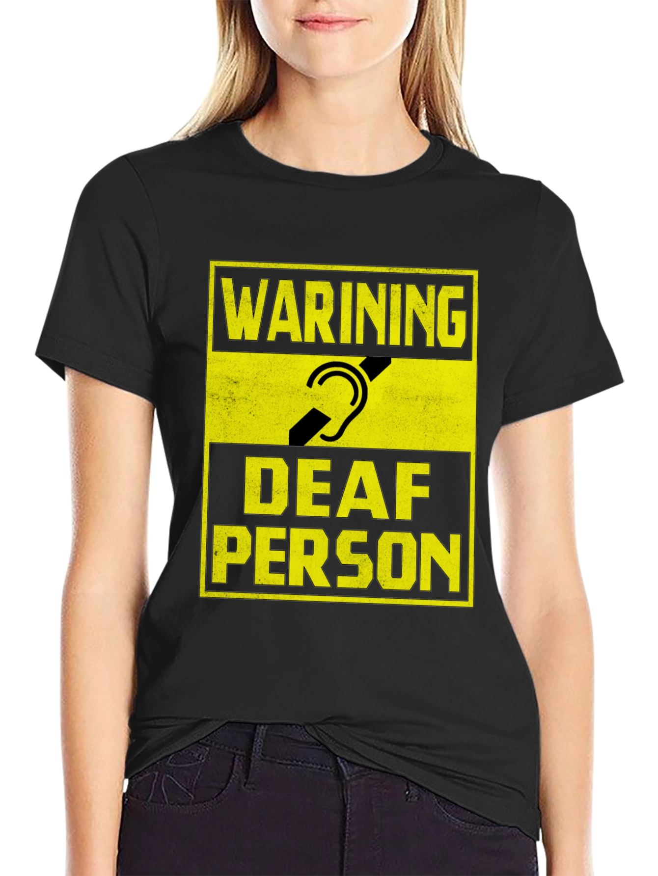 Black Warning Deaf Person Graphic T-Shirt view 2