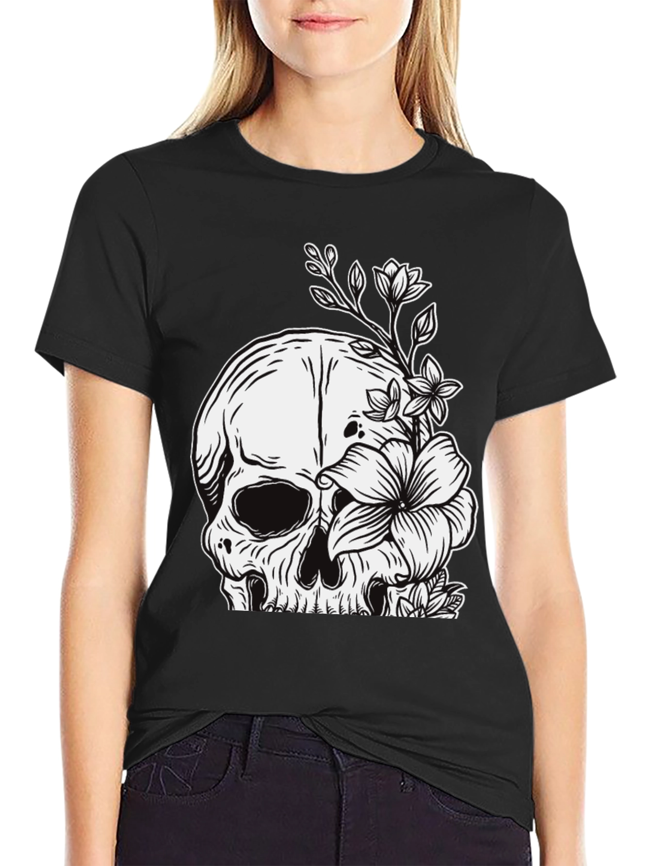 Black Skull & Flowers Graphic Tee - Black view 2