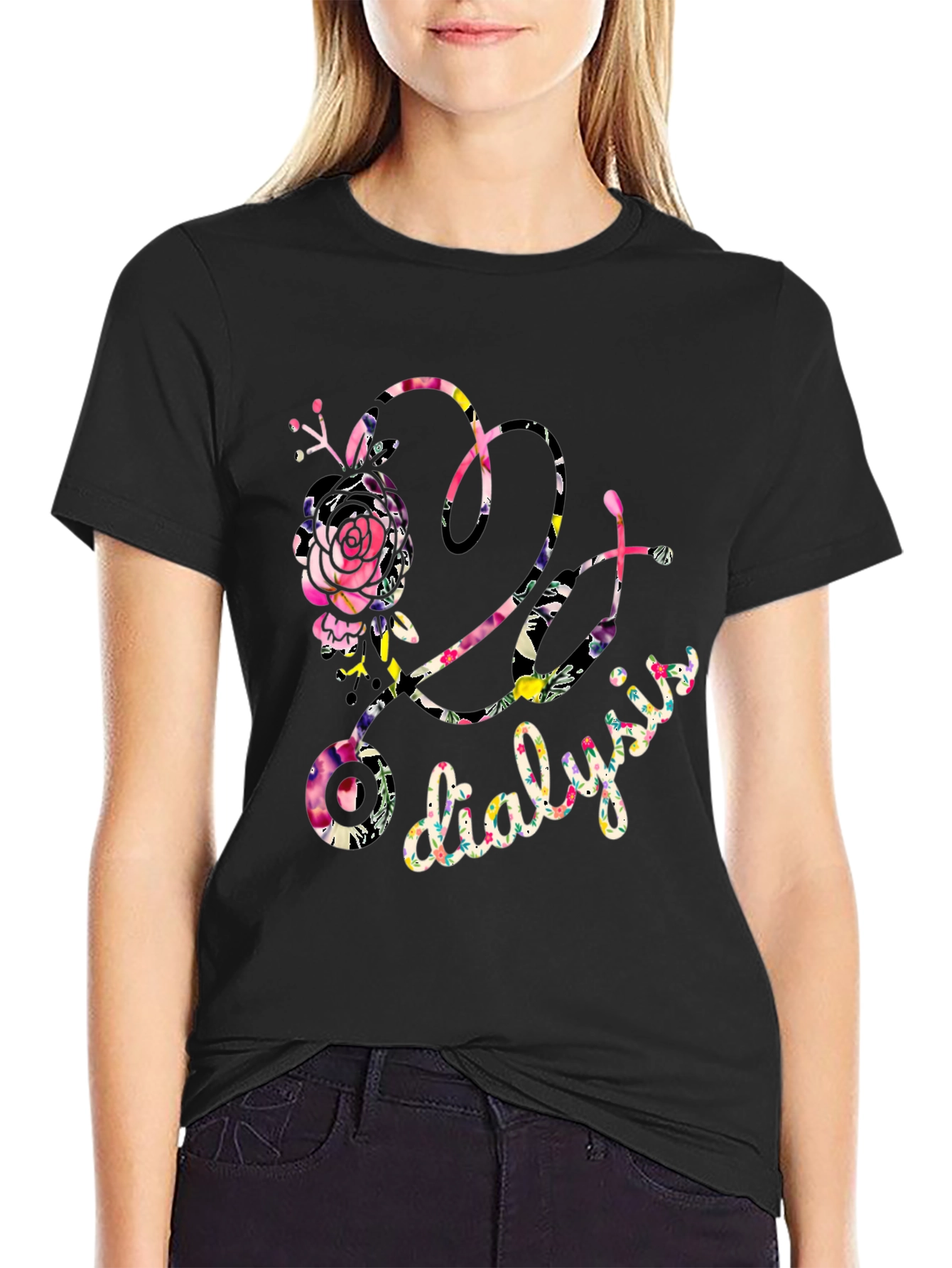 Black Floral Dialysis T-Shirt - Nurse/Patient Gift view 2