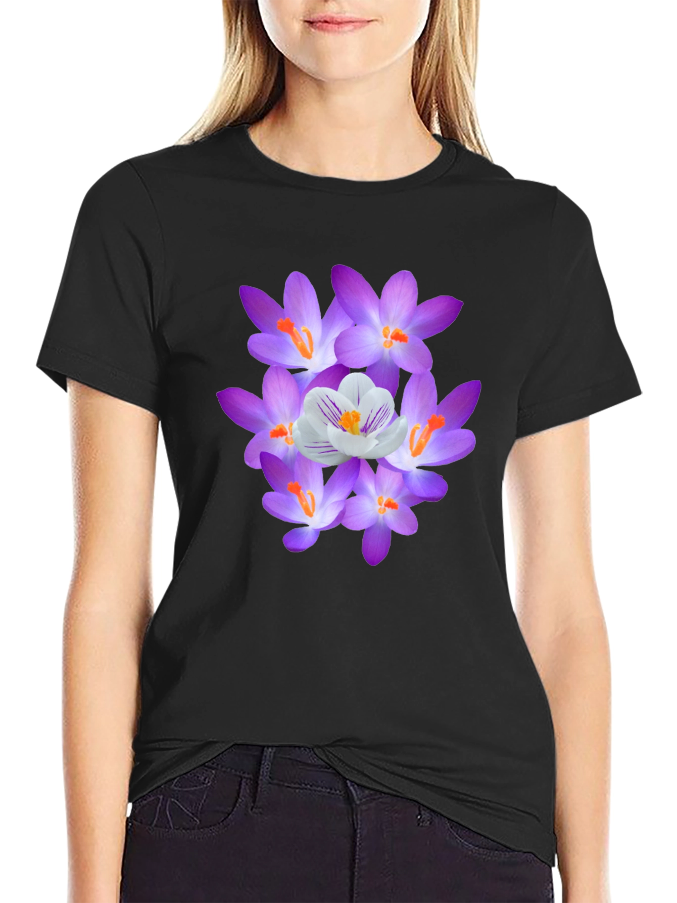Black Floral Graphic Tee - Crocus Design, Soft Cotton Blend view 2