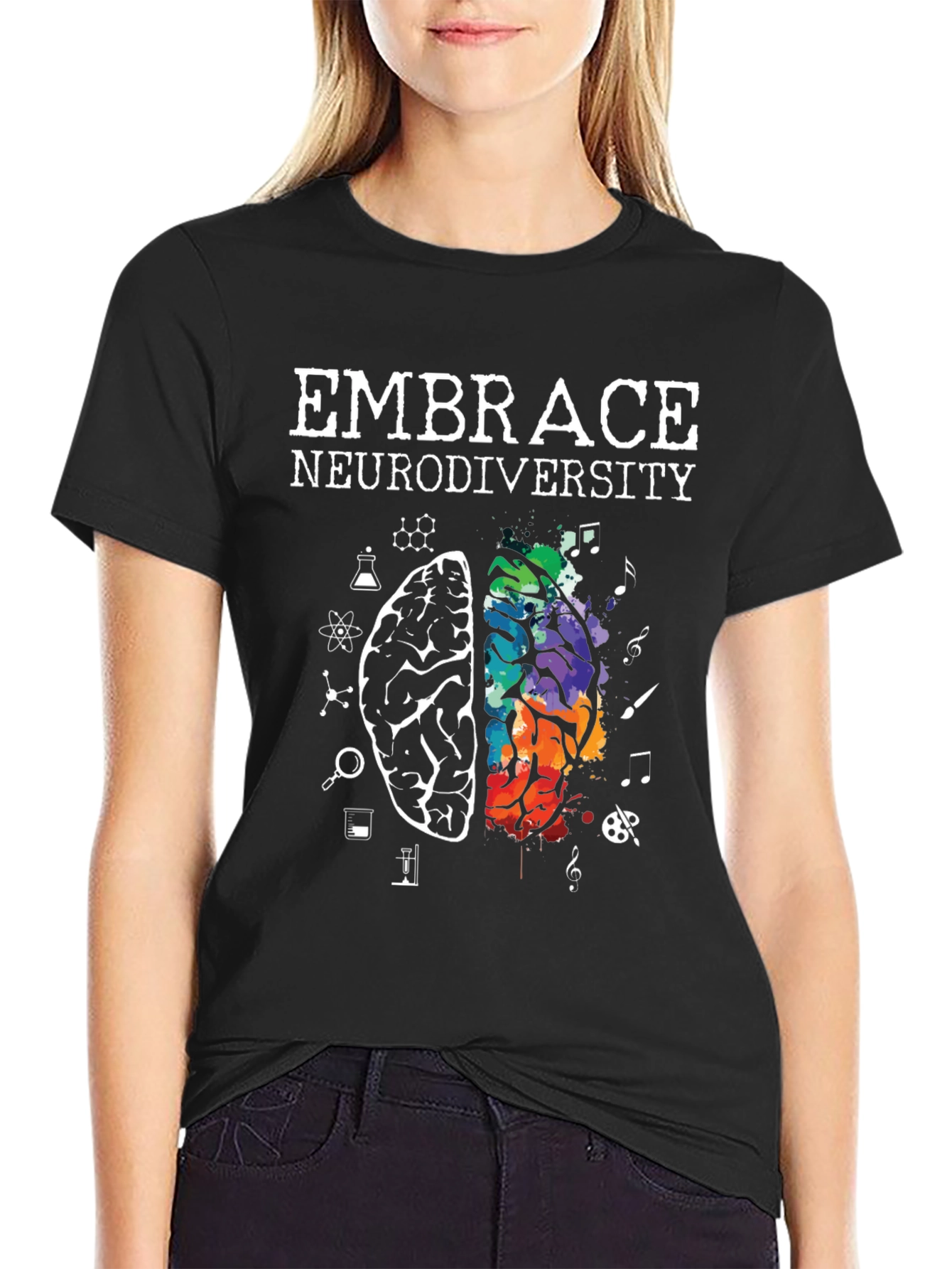 Black Embrace Neurodiversity Tee - Brain Graphic T-Shirt view 2